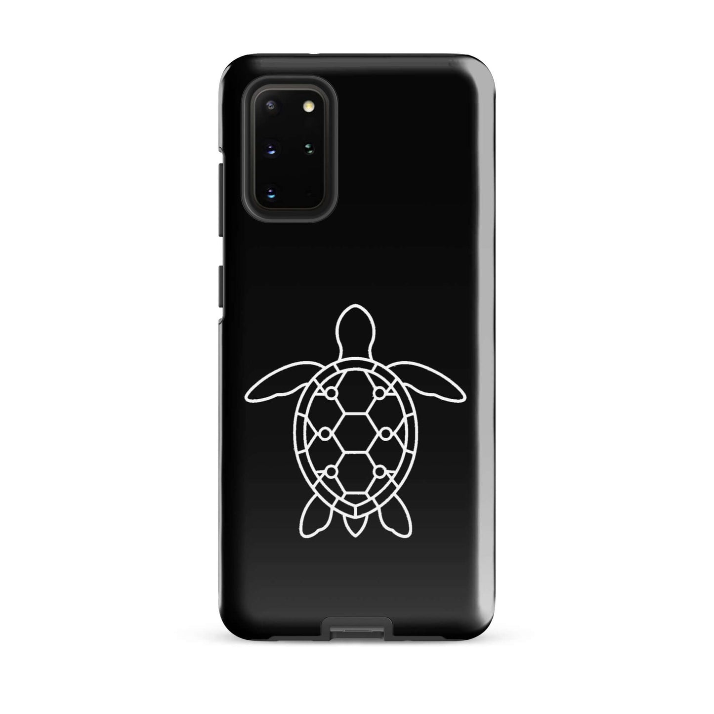 Phone case for Samsung Galaxy featuring a minimalist sea turtle silhouette design in white on a black background.