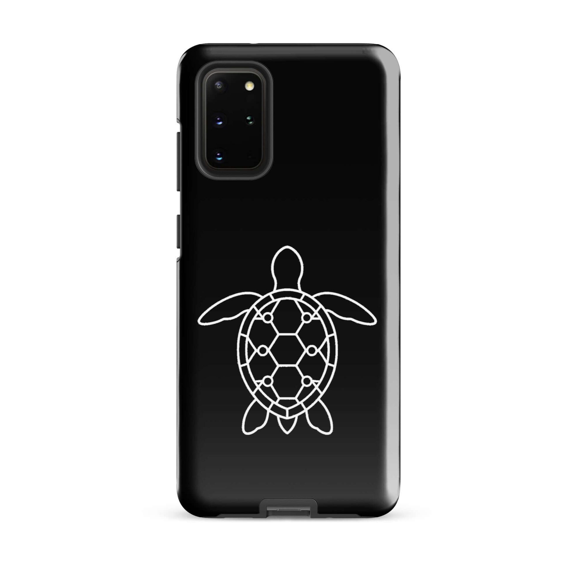 Phone case for Samsung Galaxy featuring a minimalist sea turtle silhouette design in white on a black background.