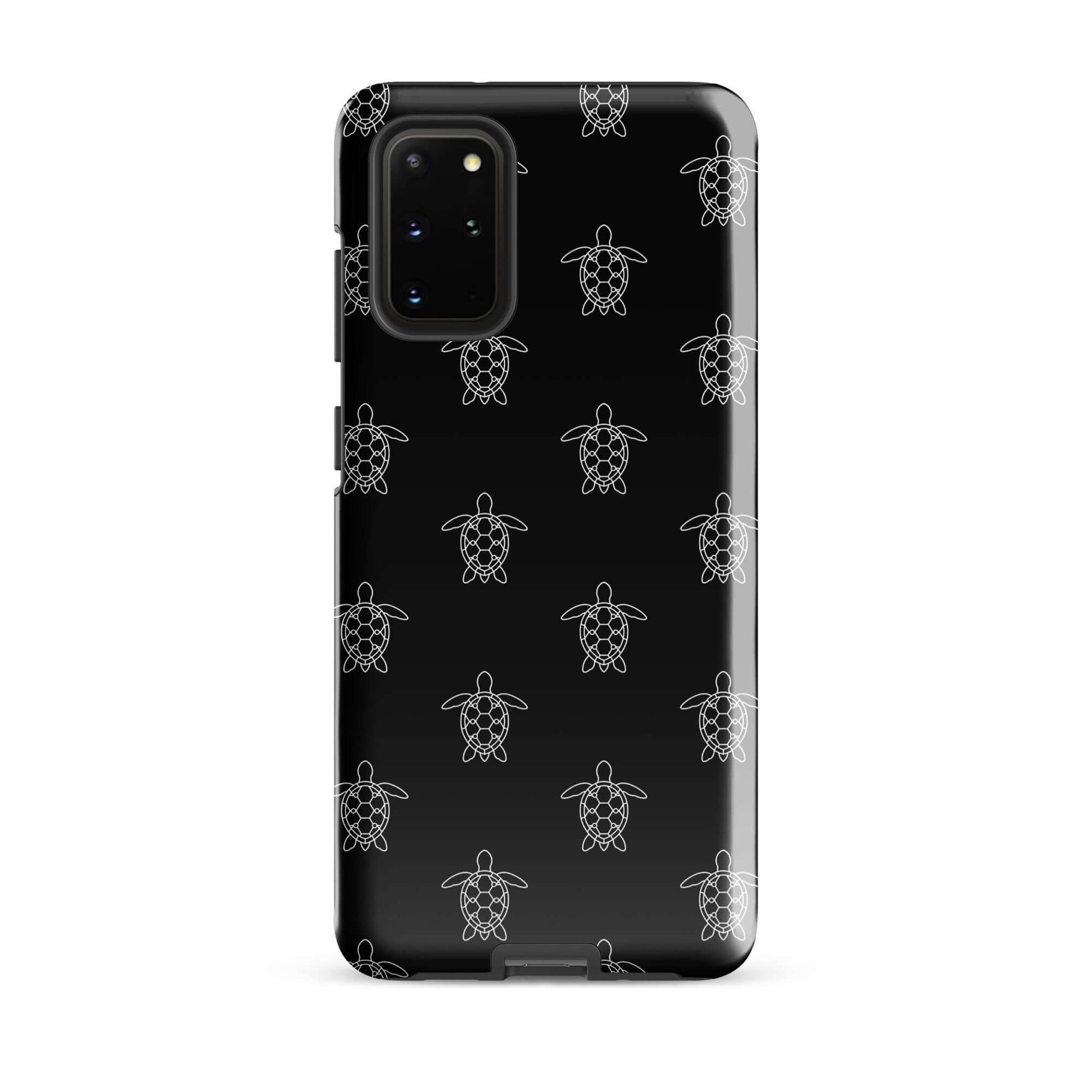 Phone Case for Samsung Galaxy featuring minimalist sea turtle pattern in white on a black background.