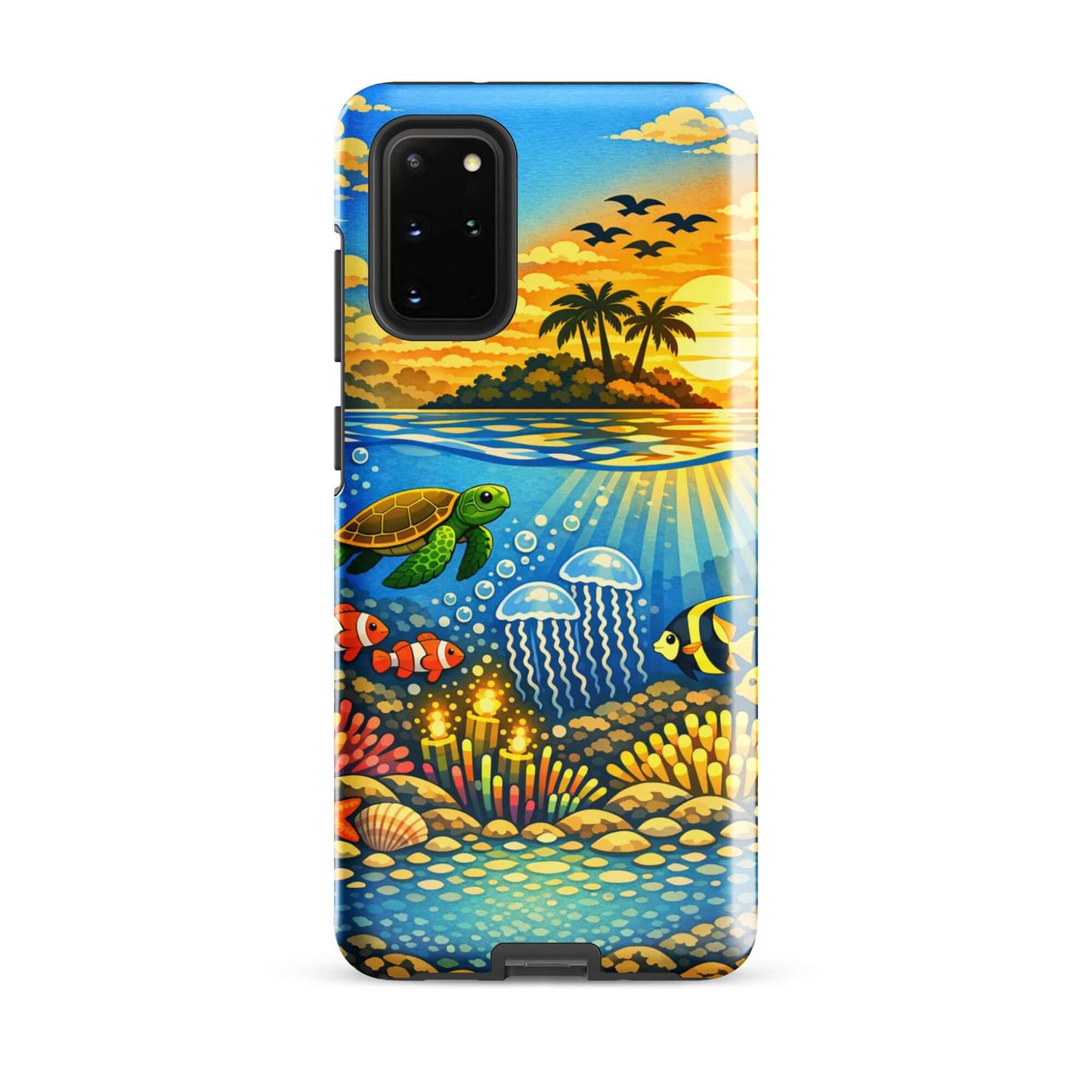 Phone Case for Samsung Galaxy featuring tropical sunset and vibrant underwater reef scene.