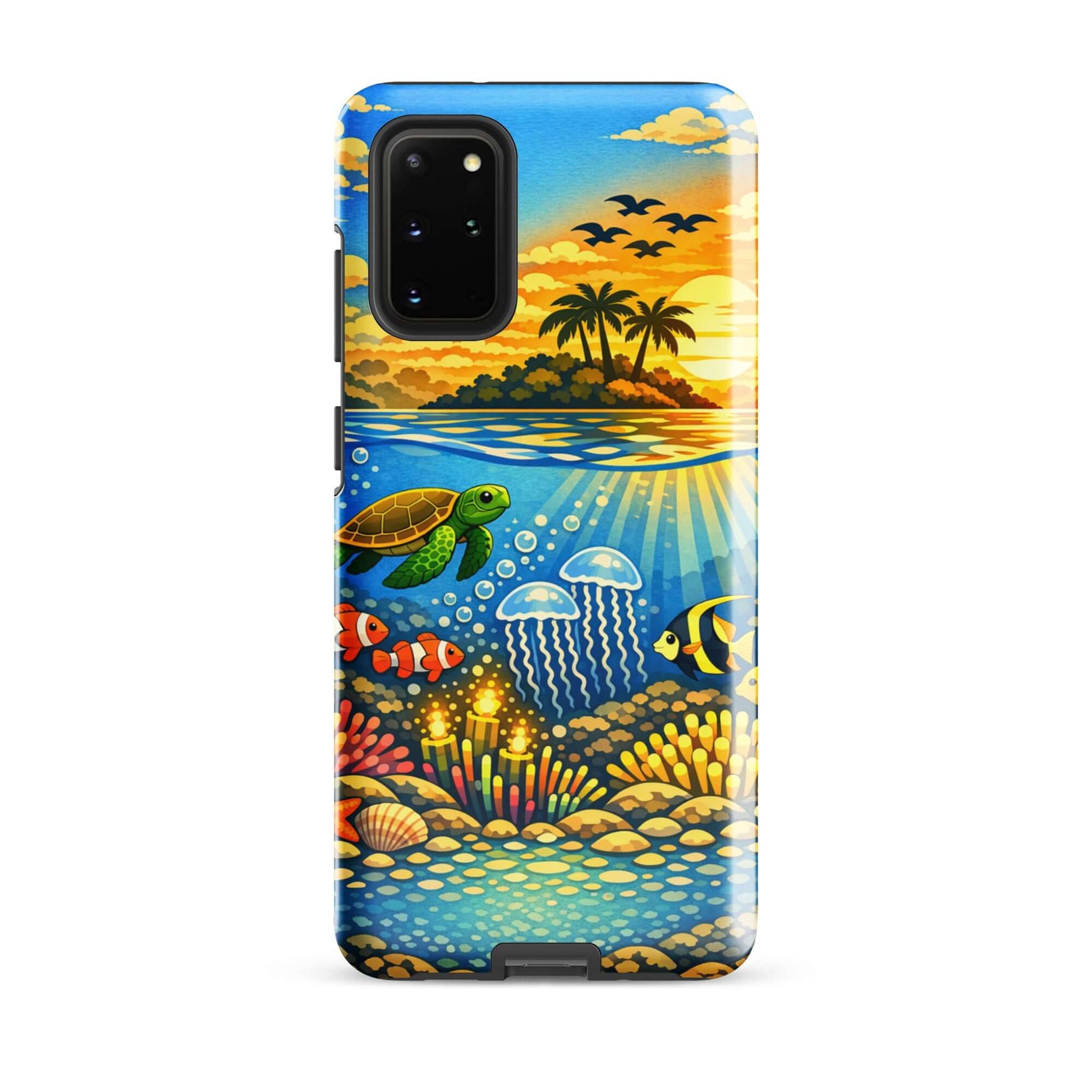 Phone Case for Samsung Galaxy featuring tropical sunset and vibrant underwater reef scene.