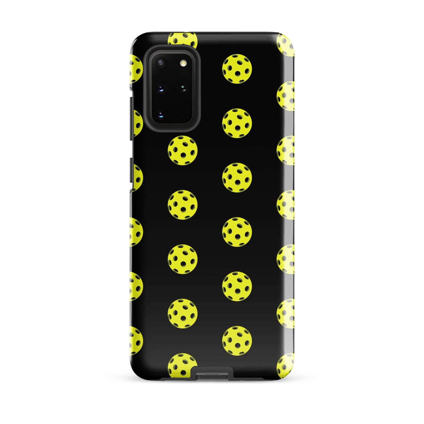 Phone Case for Samsung Galaxy featuring a playful pickleball pattern on a black background.