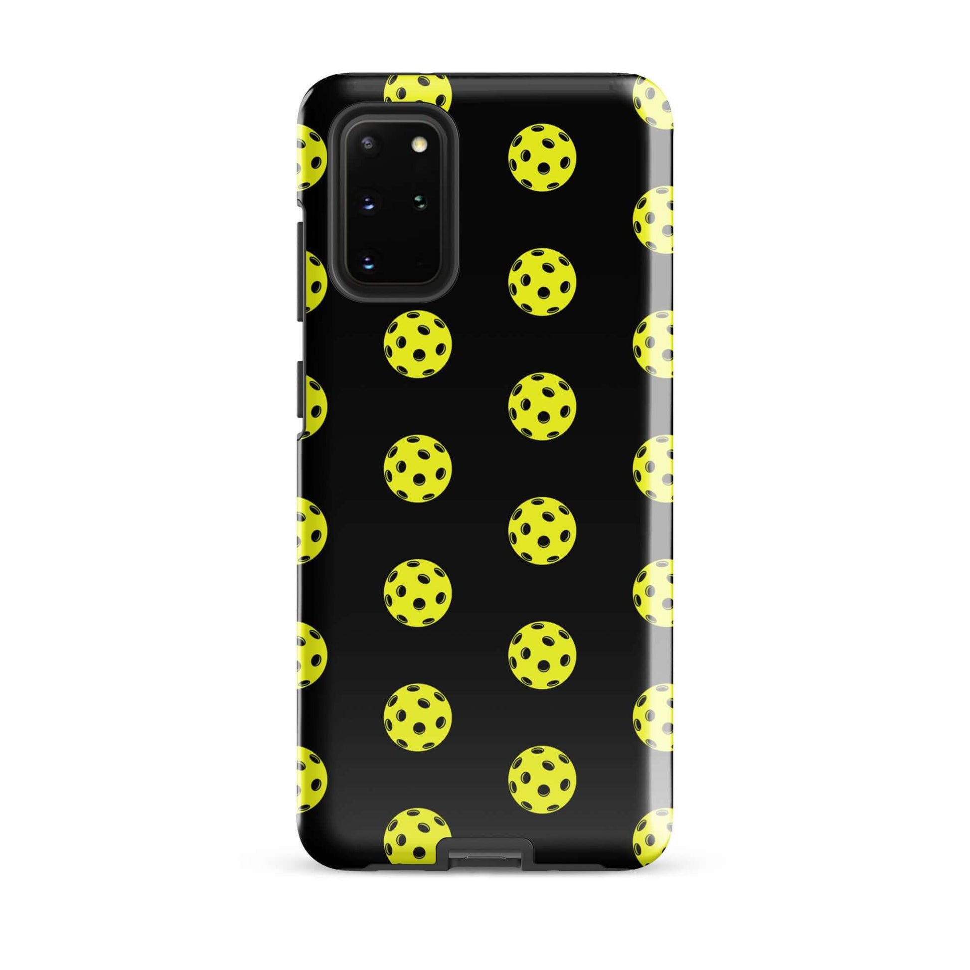 Phone Case for Samsung Galaxy featuring a playful pickleball pattern on a black background.