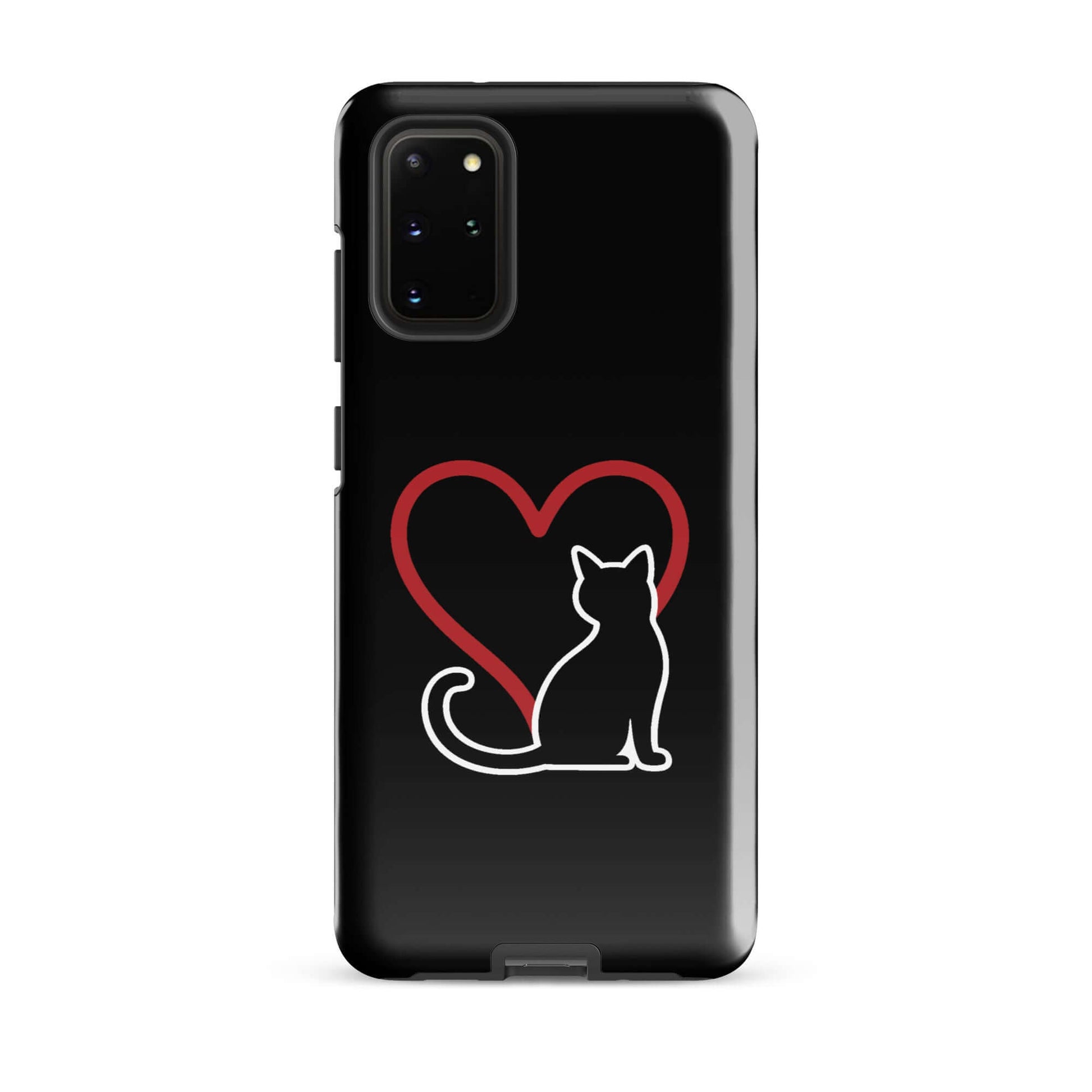Phone Case for Samsung Galaxy featuring a minimalist cat design and heart on a sleek black background.