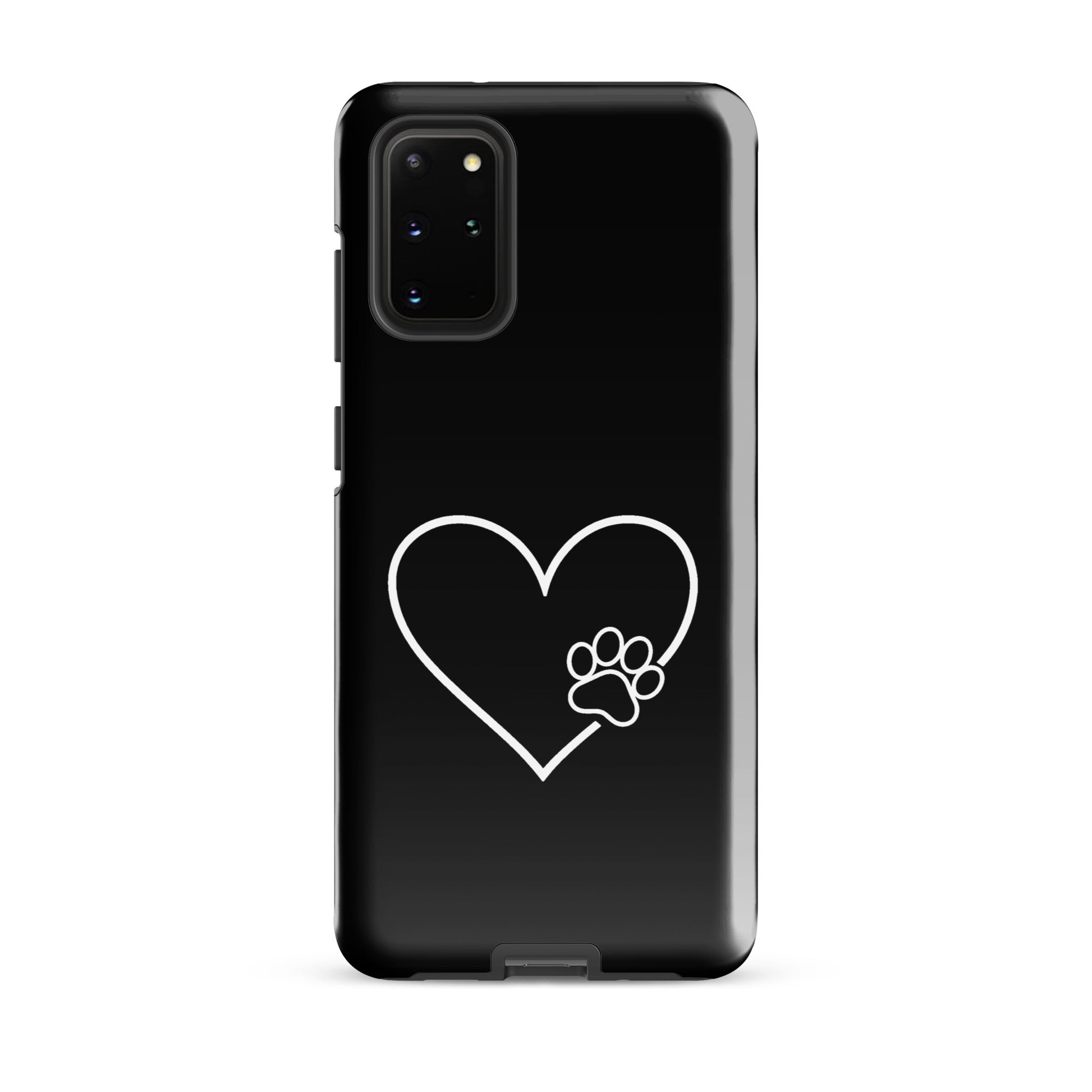 Phone Case for Samsung Galaxy with heart and paw print design on black background, offering style and protection for pet lovers.