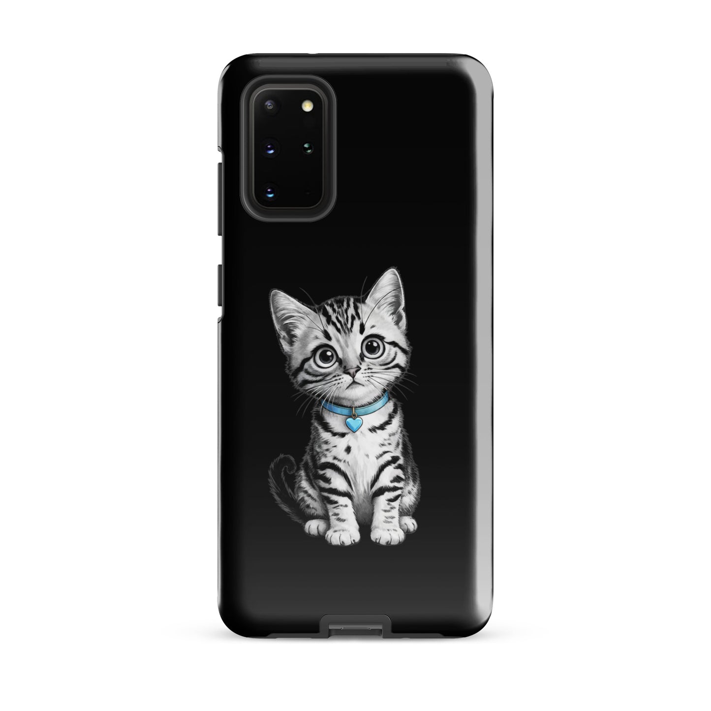 Phone Case for Samsung Galaxy featuring a pencil-sketch kitten with blue heart charm on black background.
