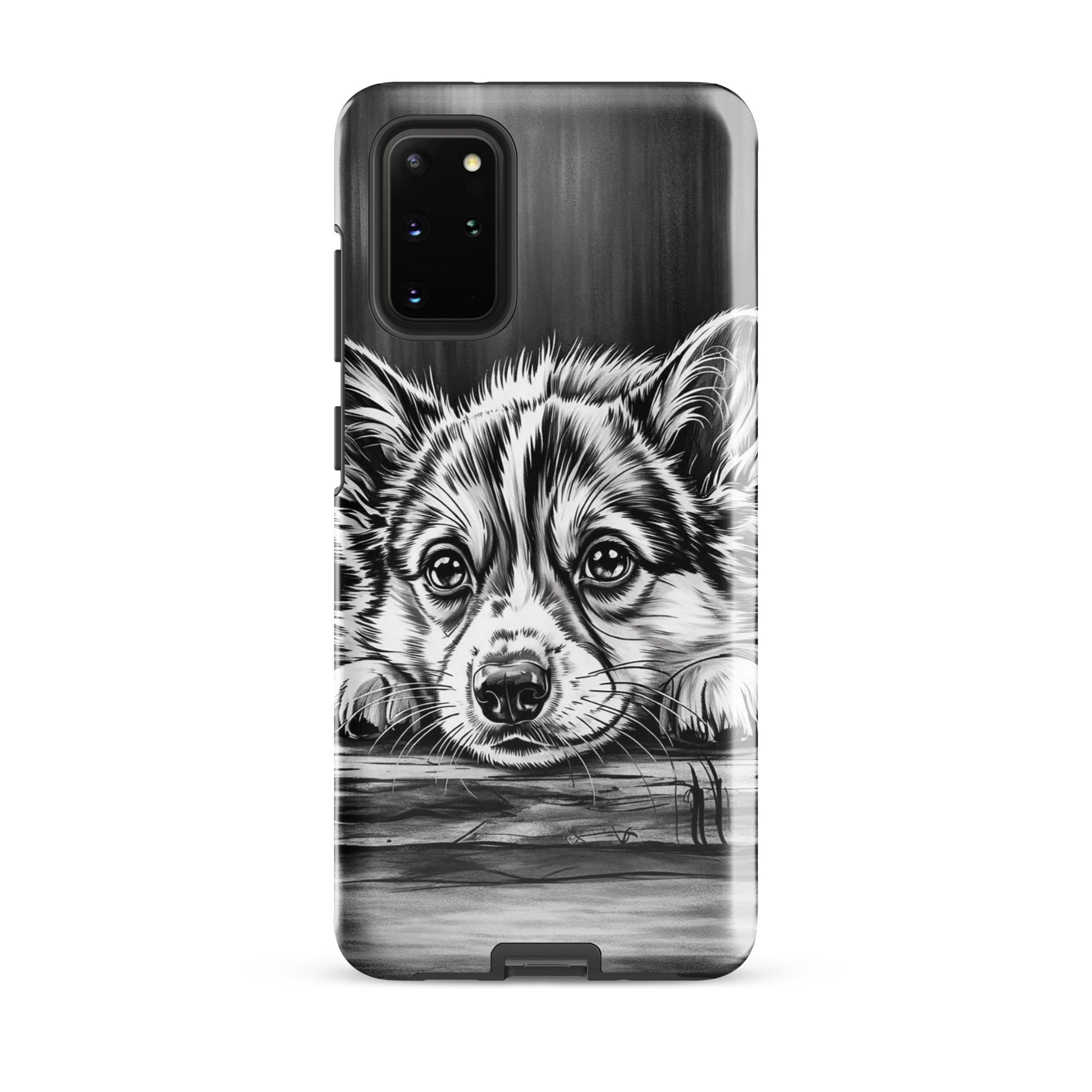 Phone Case for Samsung Galaxy with elegant puppy art, featuring detailed black-and-white illustration on aged wood for premium protection.
