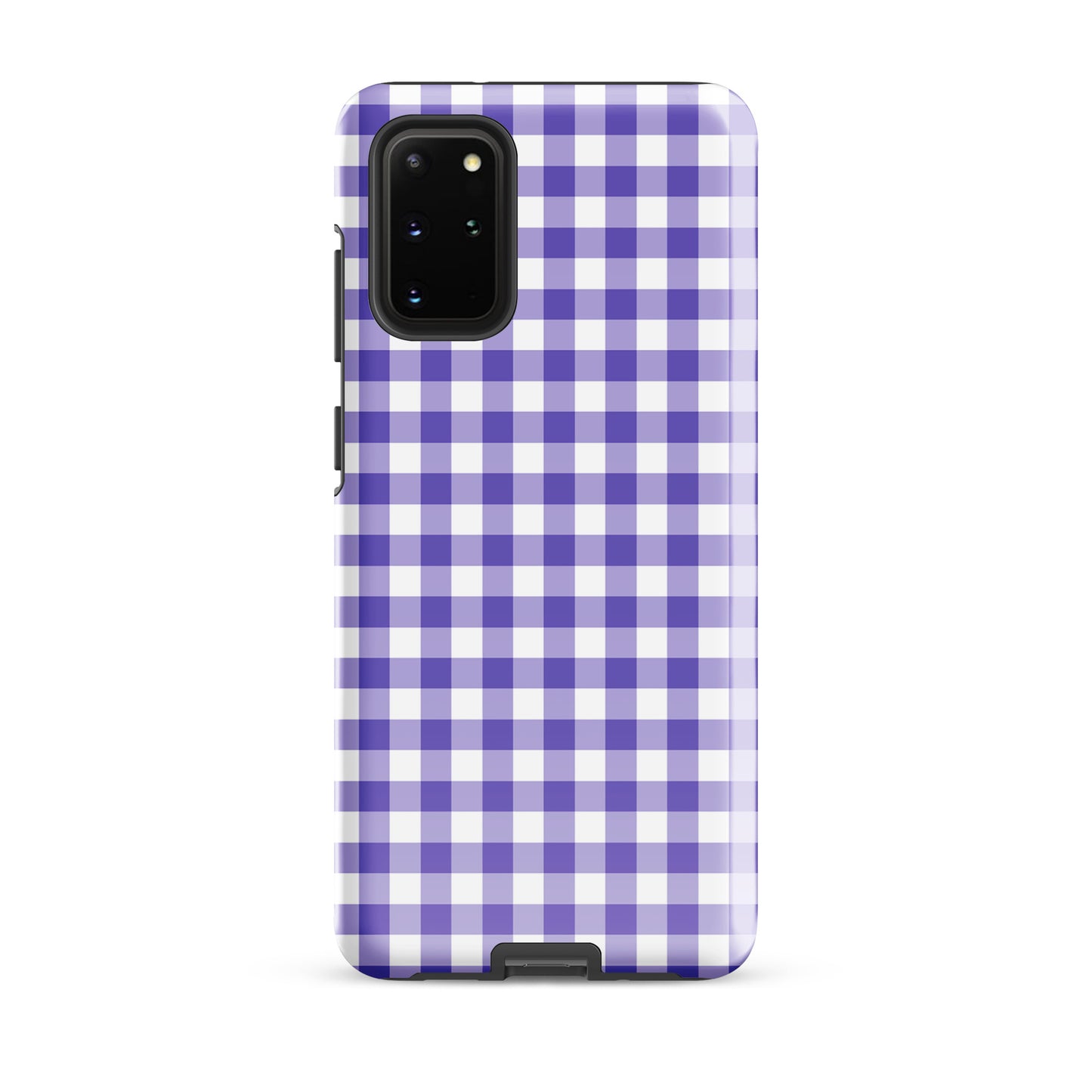 Phone case with purple-and-white gingham pattern for Samsung Galaxy, combining style and protection with upscale design and durability.