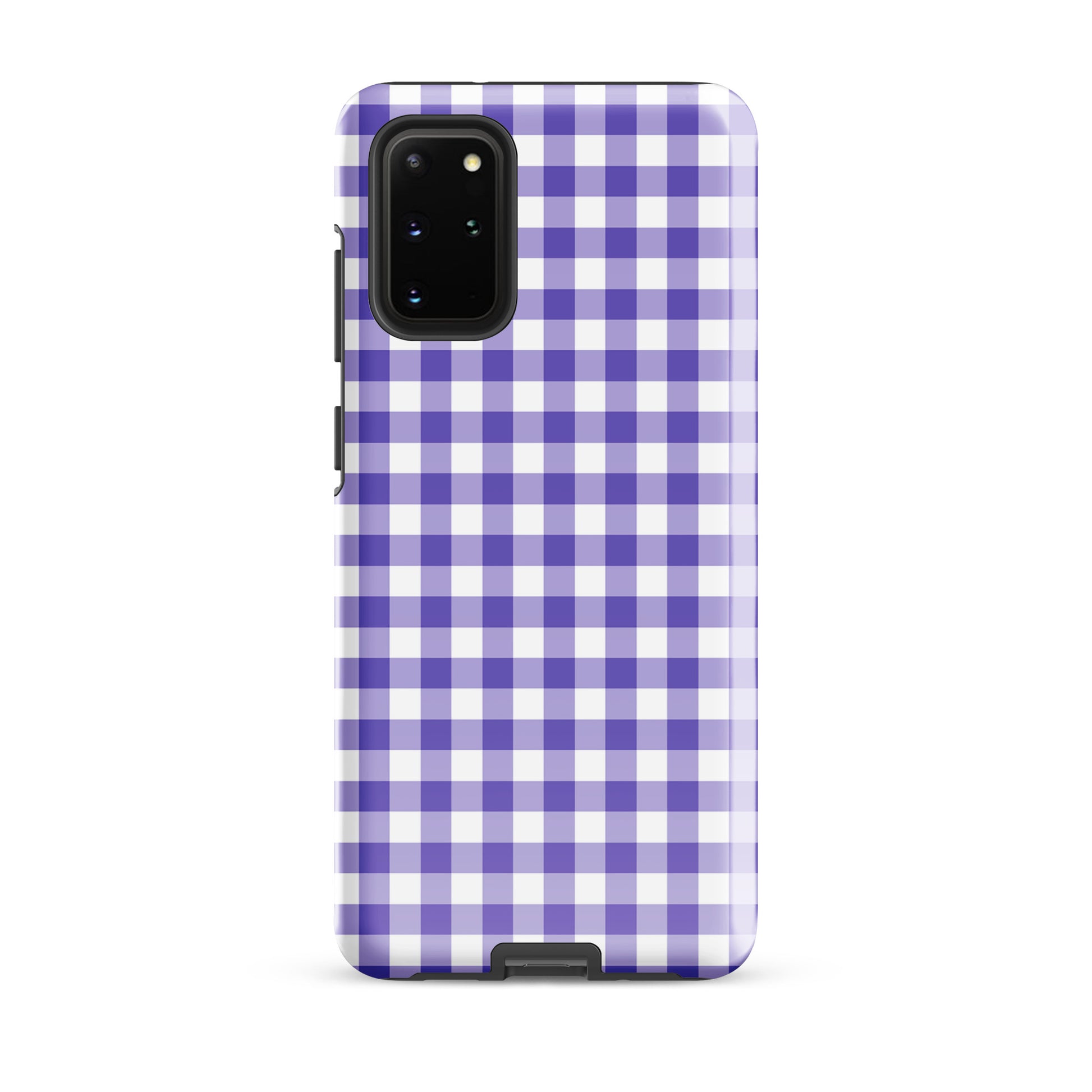 Phone case with purple-and-white gingham pattern for Samsung Galaxy, combining style and protection with upscale design and durability.
