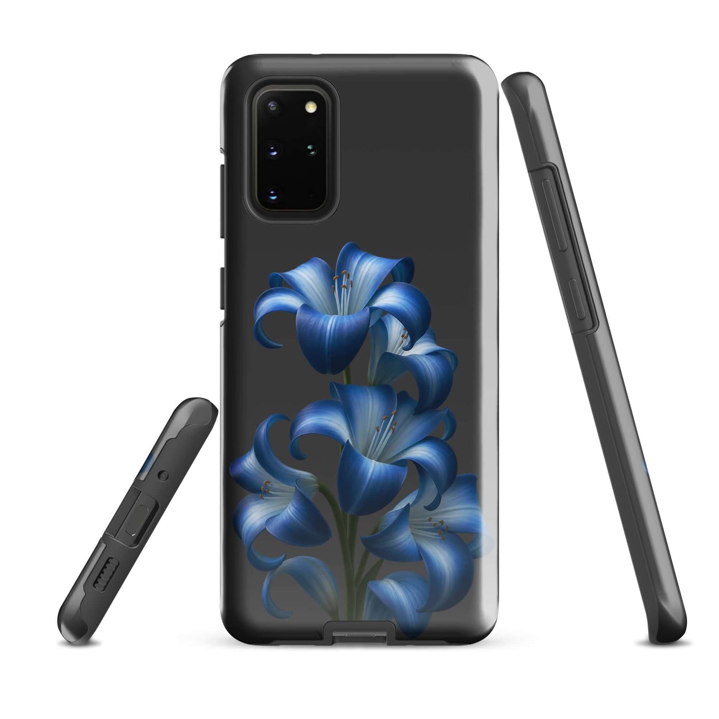 Phone Case for Samsung Galaxy with Blue Lily Bloom Art, featuring vibrant blue lilies on a sleek dark backdrop, dual-layer protection.