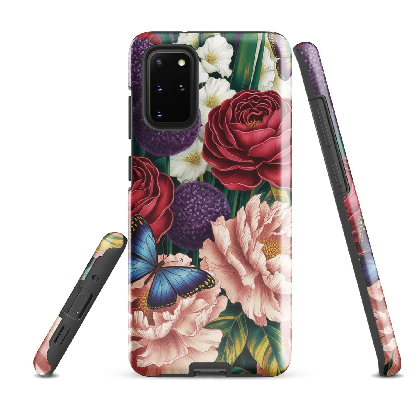 Phone Case for Samsung Galaxy with botanical garden design, featuring roses, peonies, alliums, and butterflies.