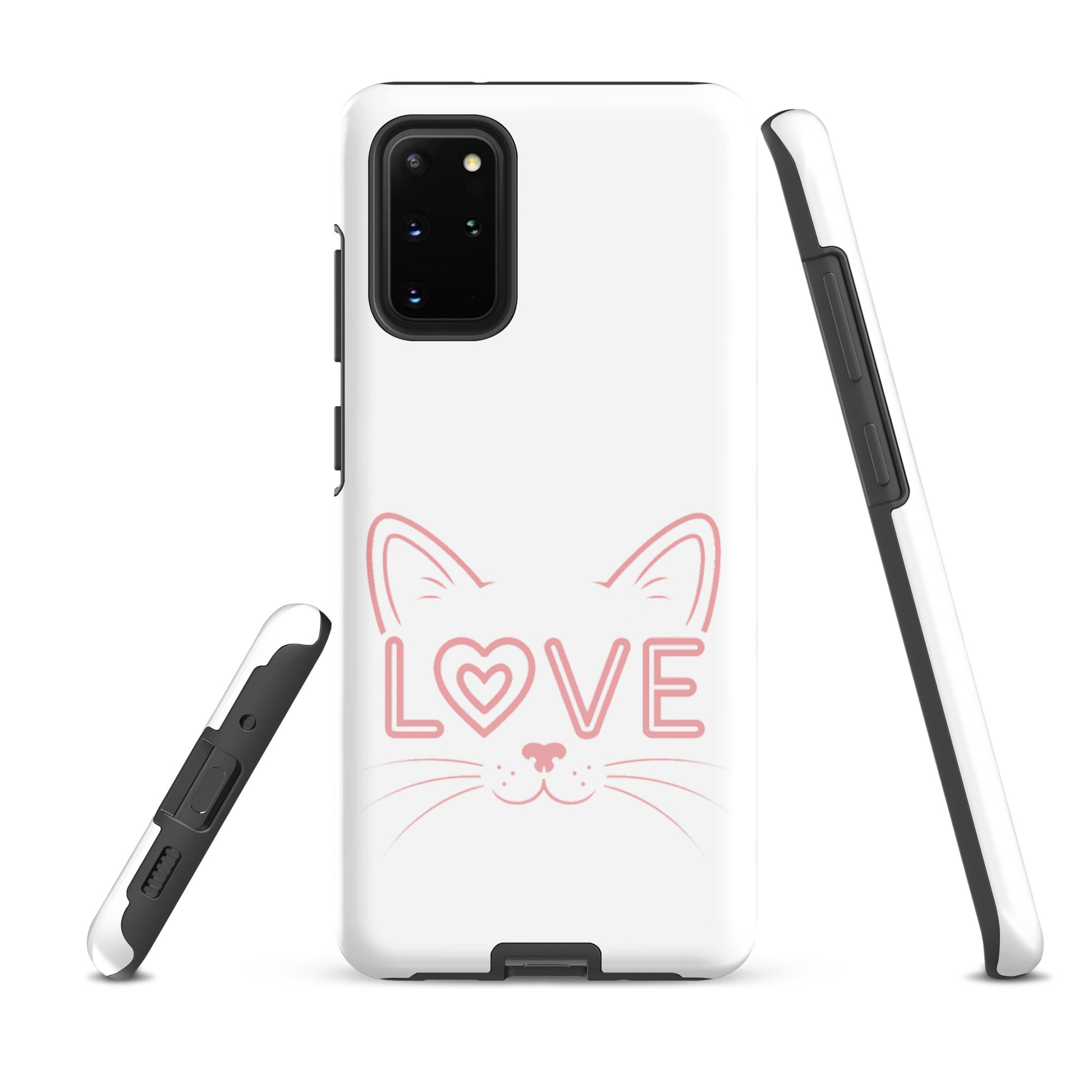 Cat Love phone case for Samsung Galaxy featuring minimalist cat face and 'love' design, stylish and protective accessory for feline lovers.