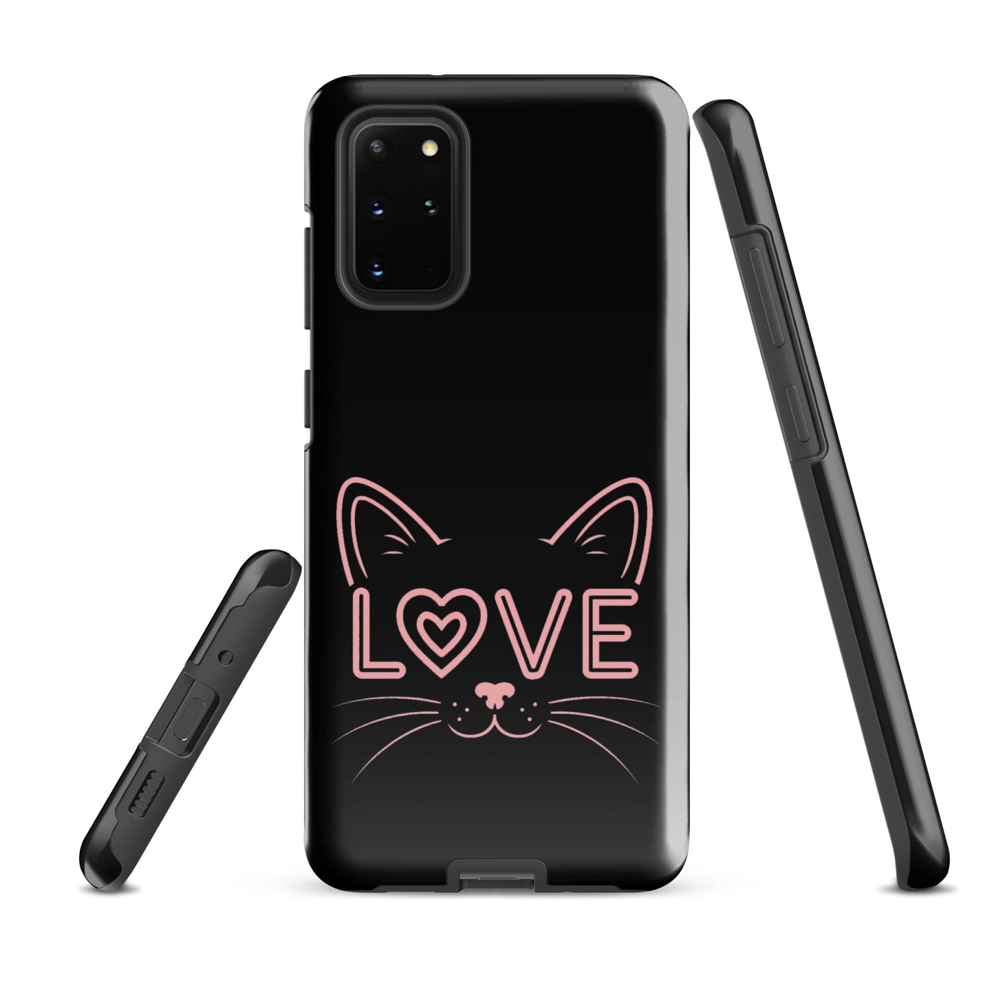 Cat Love Samsung Galaxy phone case with minimalist cat face design and love text illustration.