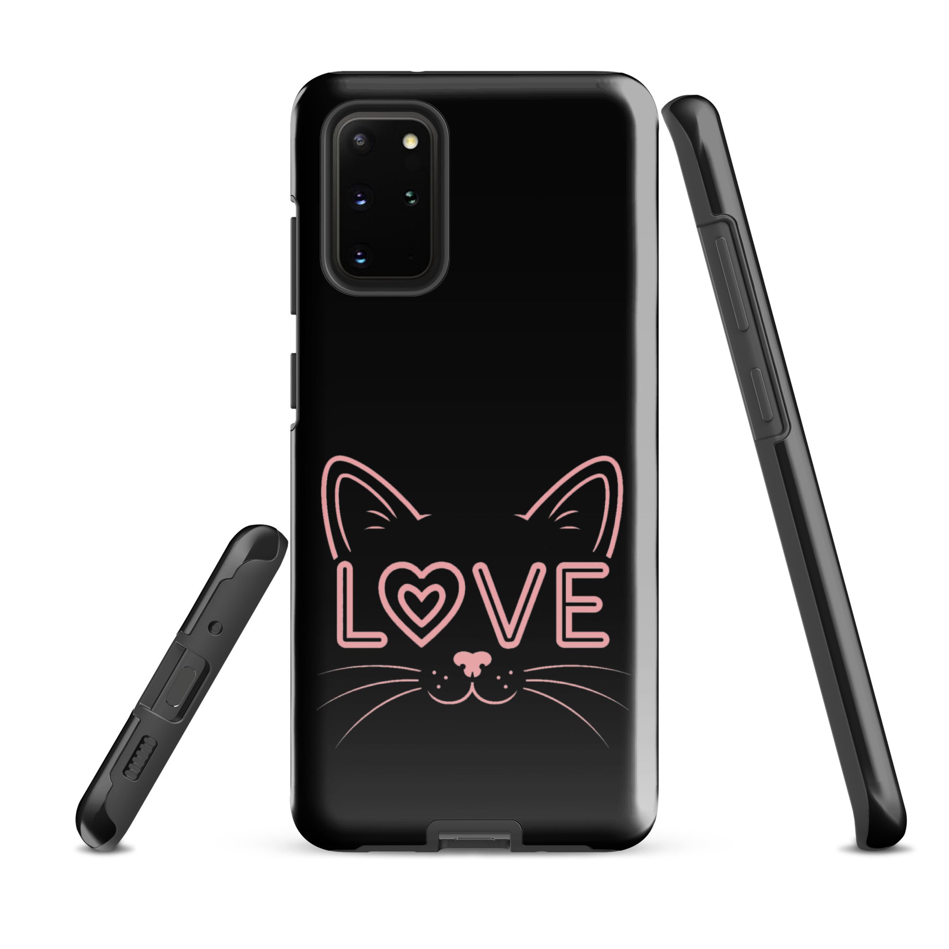 Cat Love Samsung Galaxy phone case with minimalist cat face design and love text illustration.
