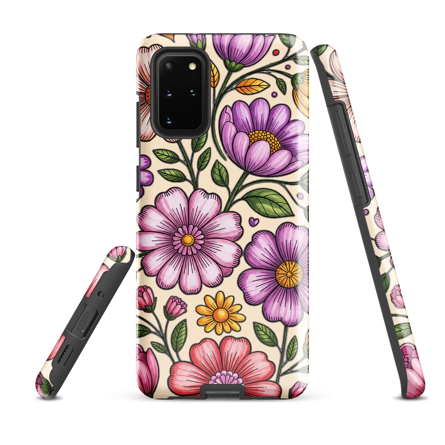 Phone Case for Samsung Galaxy with pastel floral design featuring pink, peach, lavender flowers on sturdy polycarbonate shell.