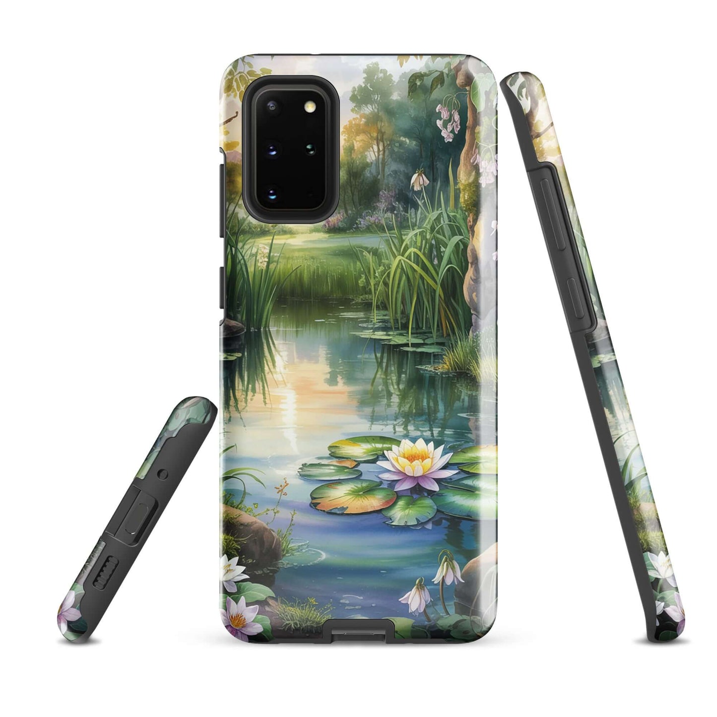 Phone Case for Samsung Galaxy featuring a lily-dotted pond with lush greenery and golden sunset light, Enchanted Pond design.