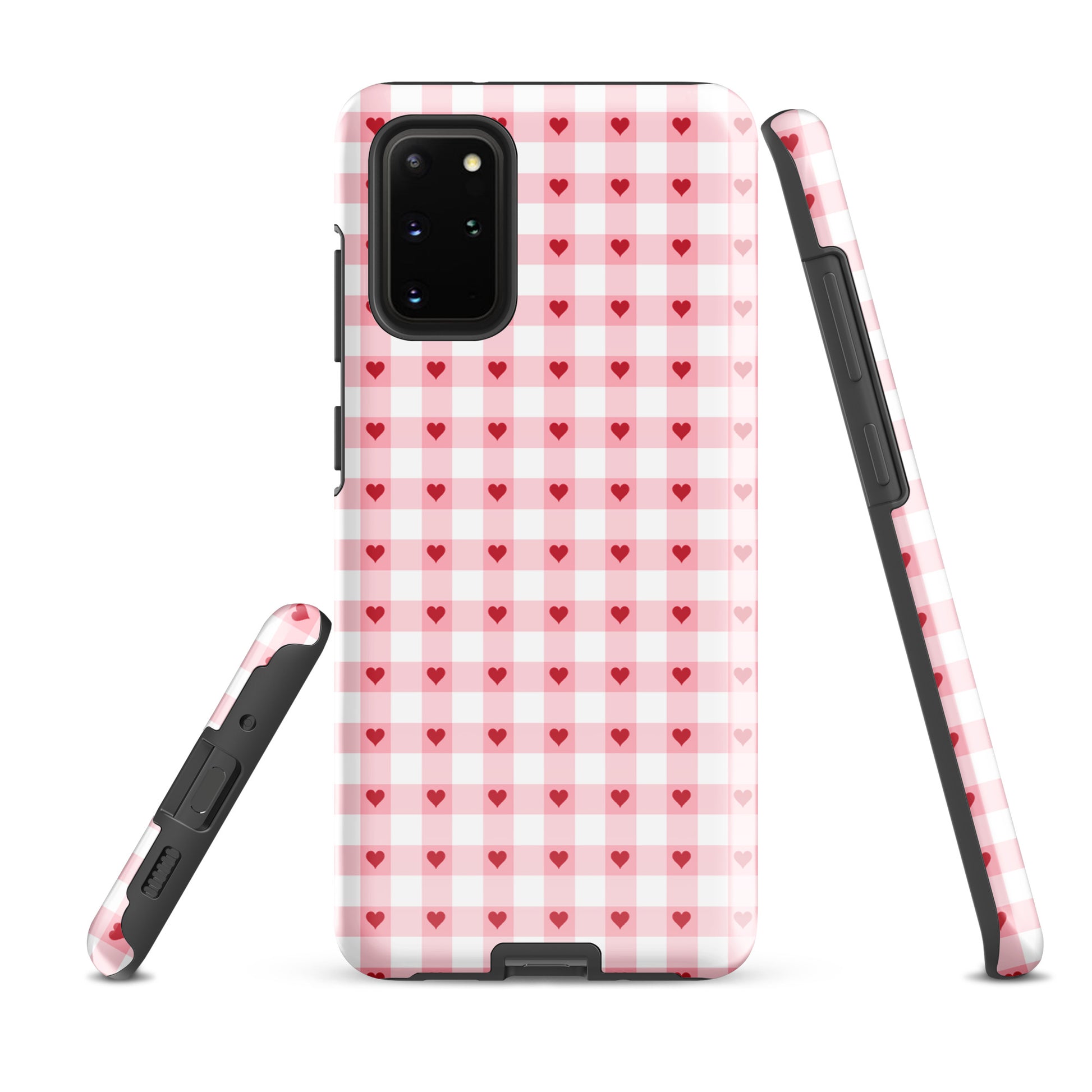 Phone Case for Samsung Galaxy with pink-and-white gingham heart pattern showcasing stylish design and luxury craftsmanship.