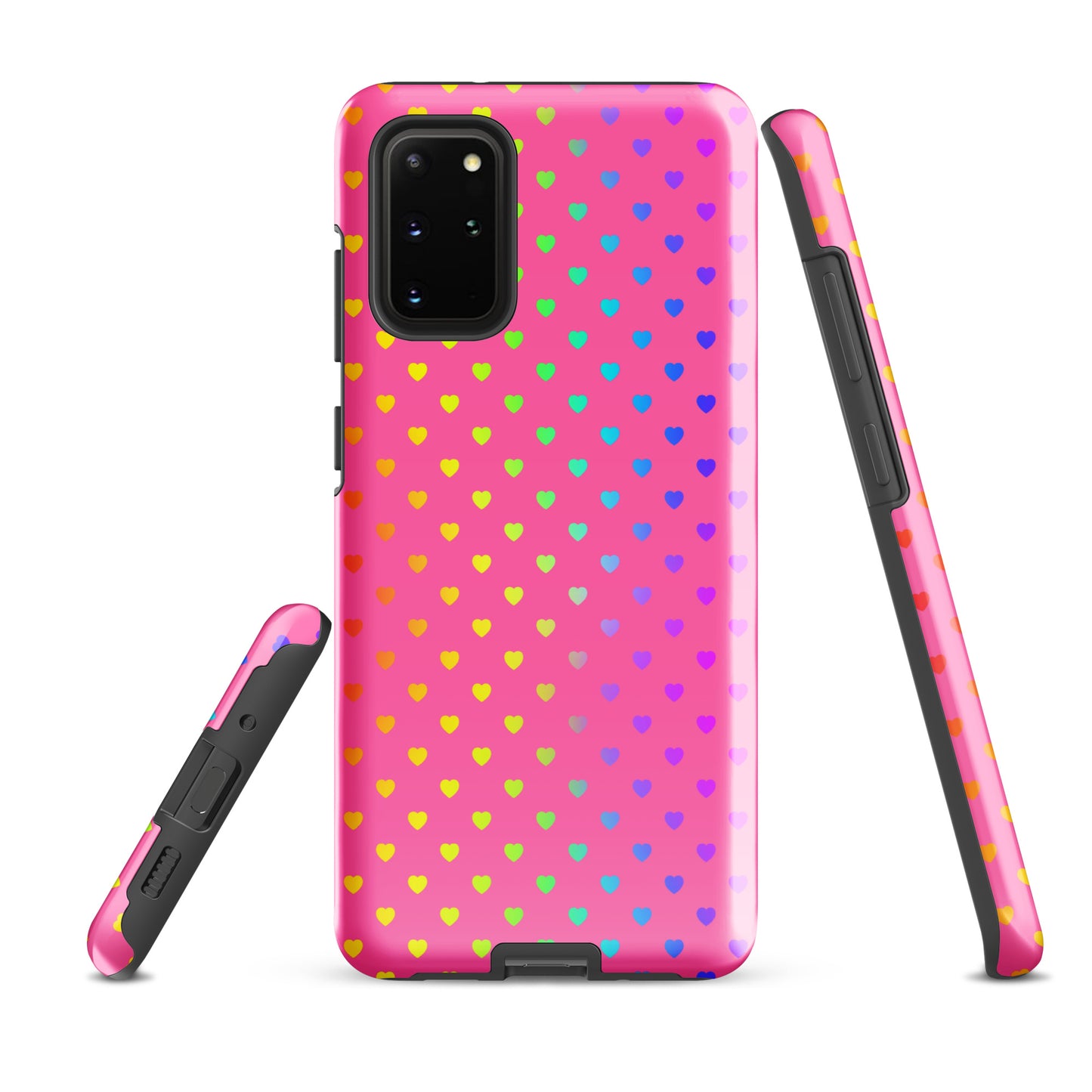 Phone case for Samsung Galaxy with cute rainbow heart design on pink background