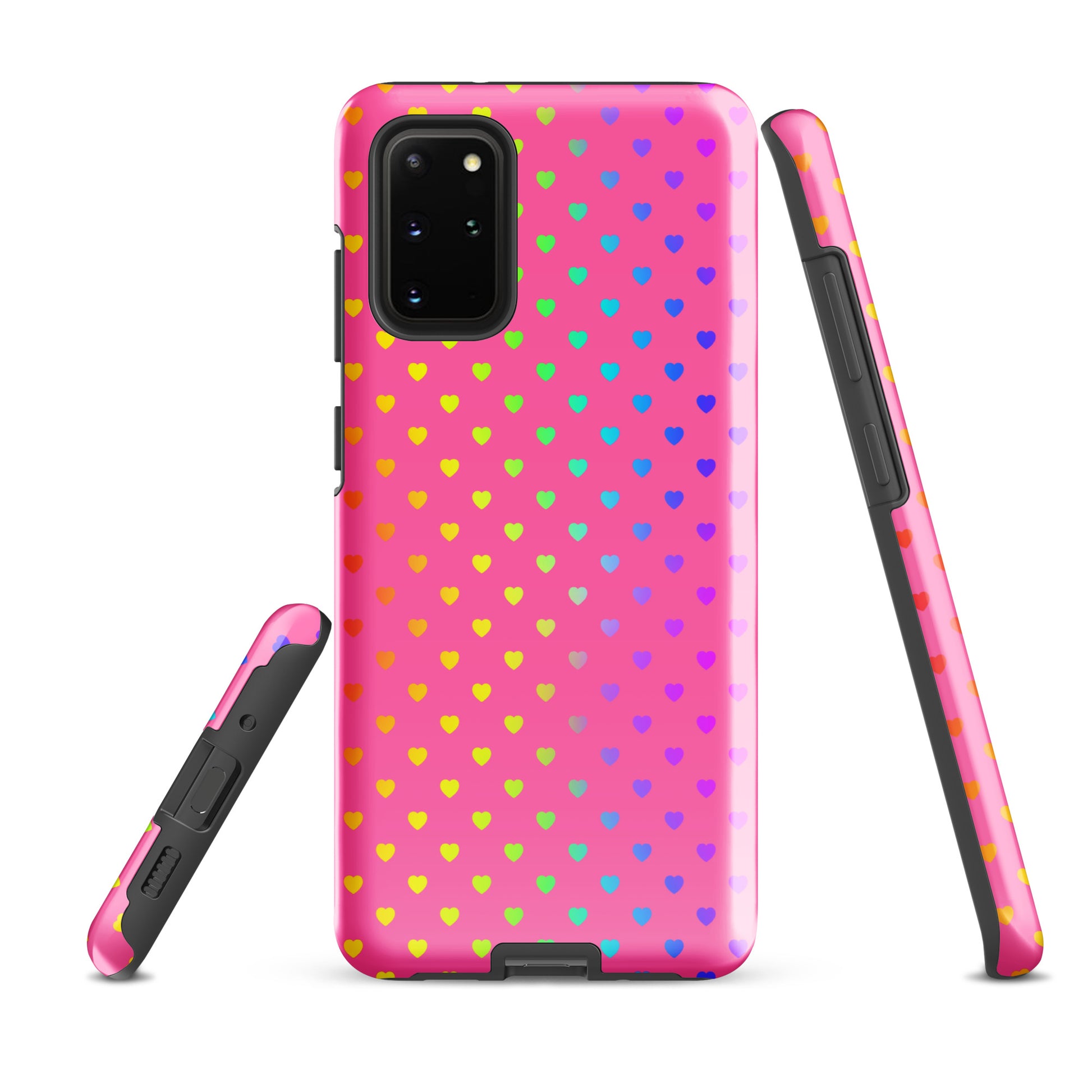Phone case for Samsung Galaxy with cute rainbow heart design on pink background