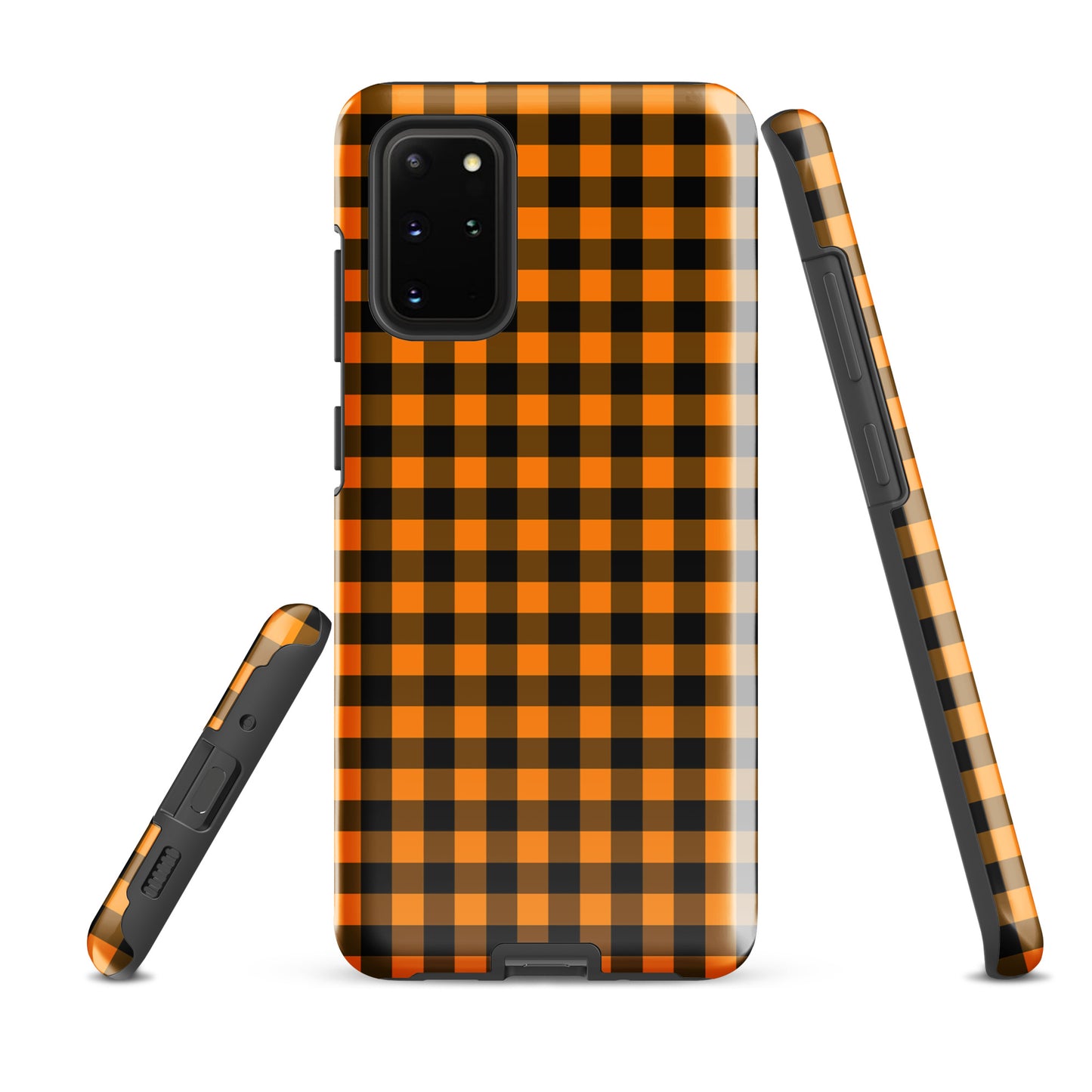 Phone case for Samsung Galaxy with black and orange gingham autumn theme pattern, showcasing stylish and durable design.