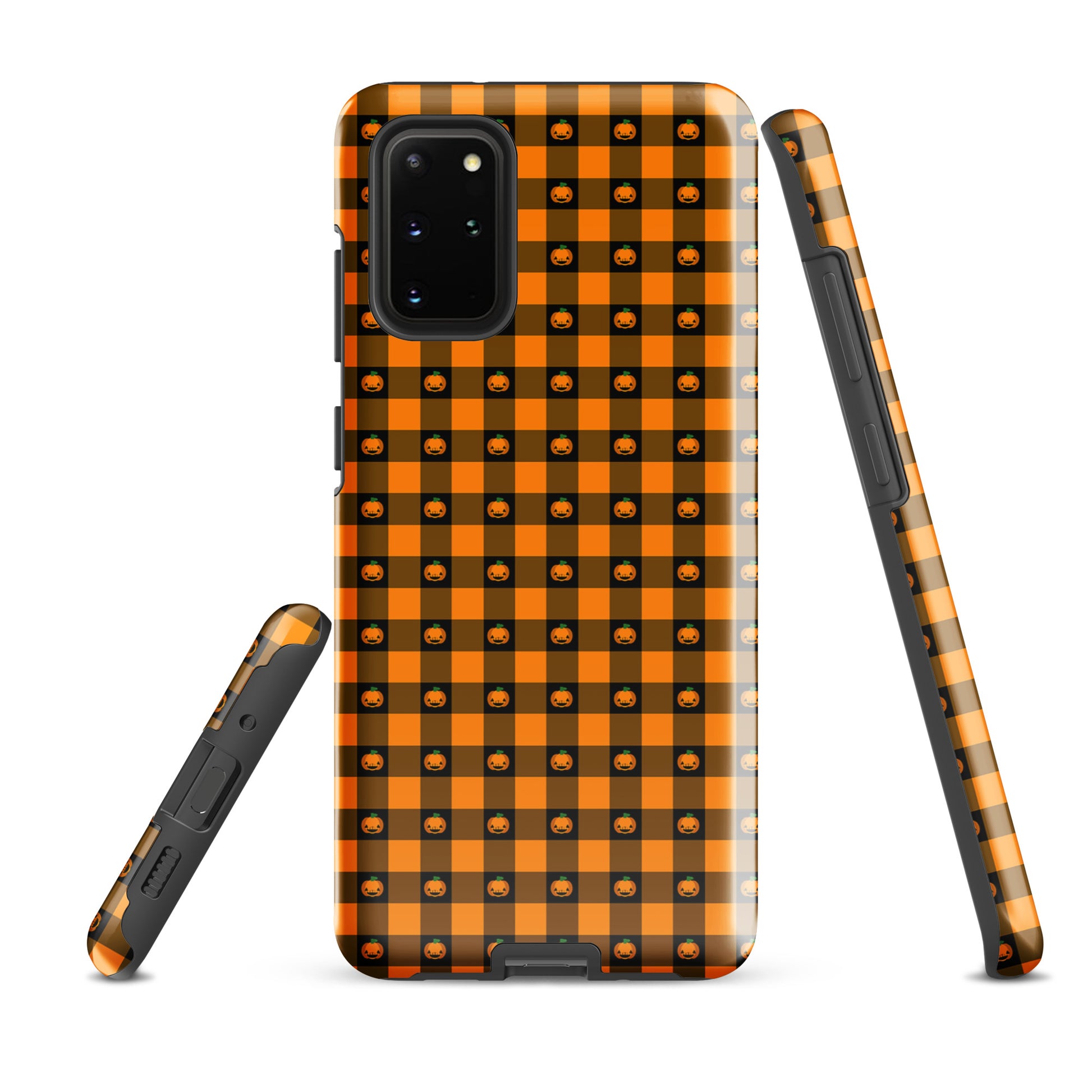 Phone Case for Samsung Galaxy with playful pumpkin gingham Halloween design, featuring adorable jack-o’-lanterns on a bold layout.