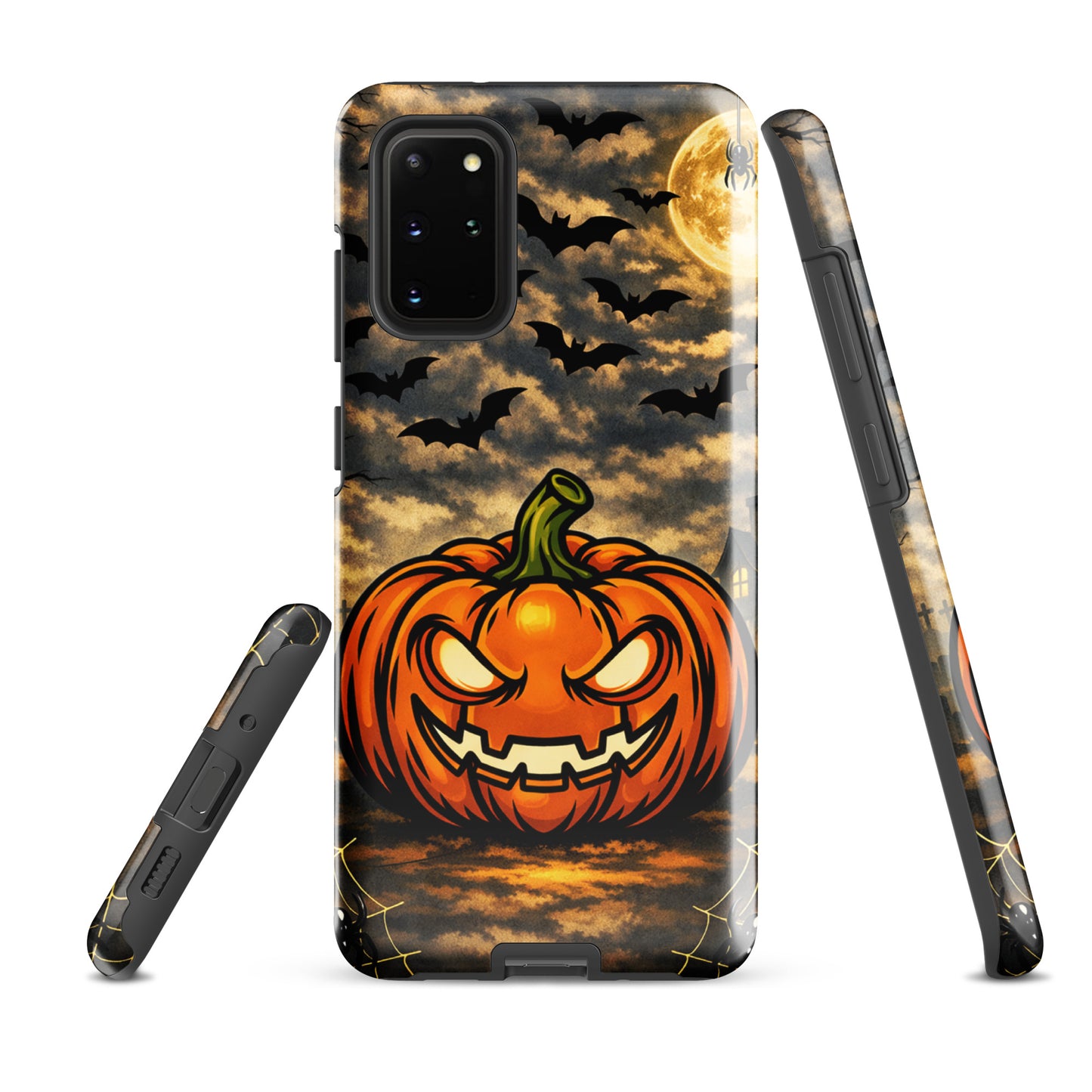 Phone Case for Samsung Galaxy featuring haunted pumpkin, bats, moonlit clouds, and haunted house Halloween design.