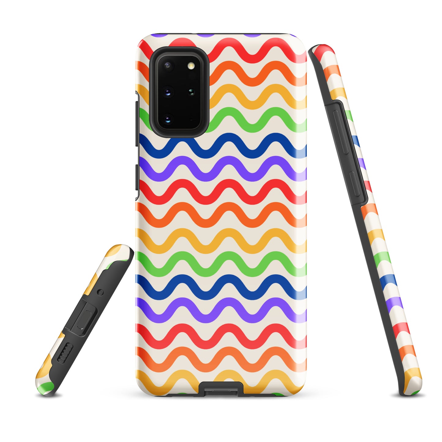 Phone Case for Samsung Galaxy with wavy rainbow pattern in purple, red, orange, yellow, green, blue on white background. Protective cover.