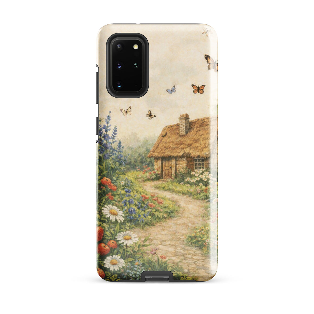 Phone Case for Samsung Galaxy with cottage garden art featuring a stone cottage, path, and colorful flowers on cream background.