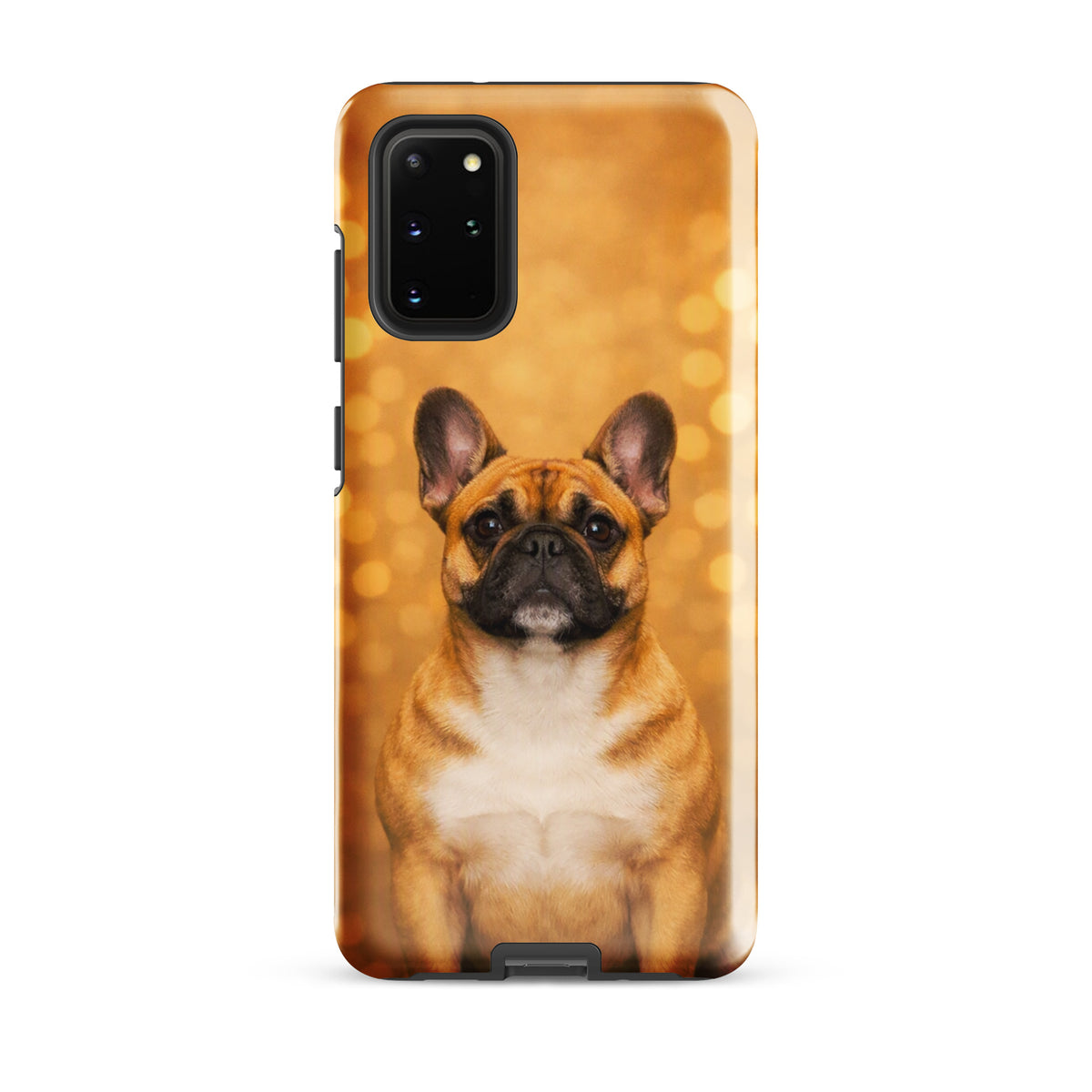 Phone Case for Samsung Galaxy featuring French Bulldog portrait on a golden bokeh background, adding charm and whimsy to your device.