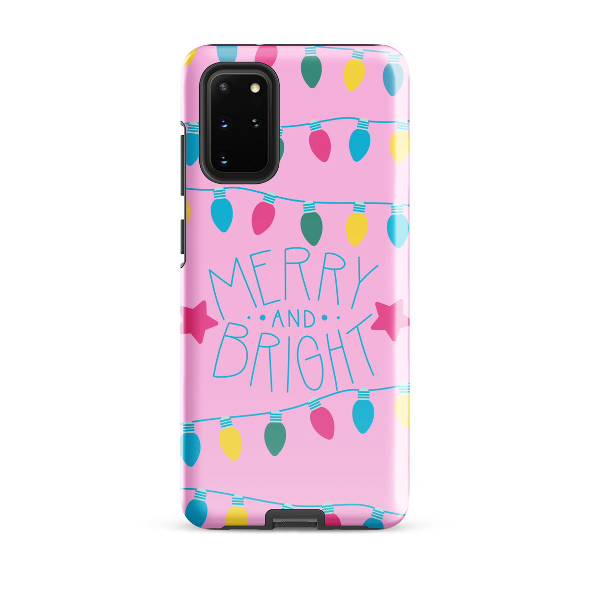 Phone Case for Samsung Galaxy with 'Merry and Bright' design and colorful holiday lights on pink background.