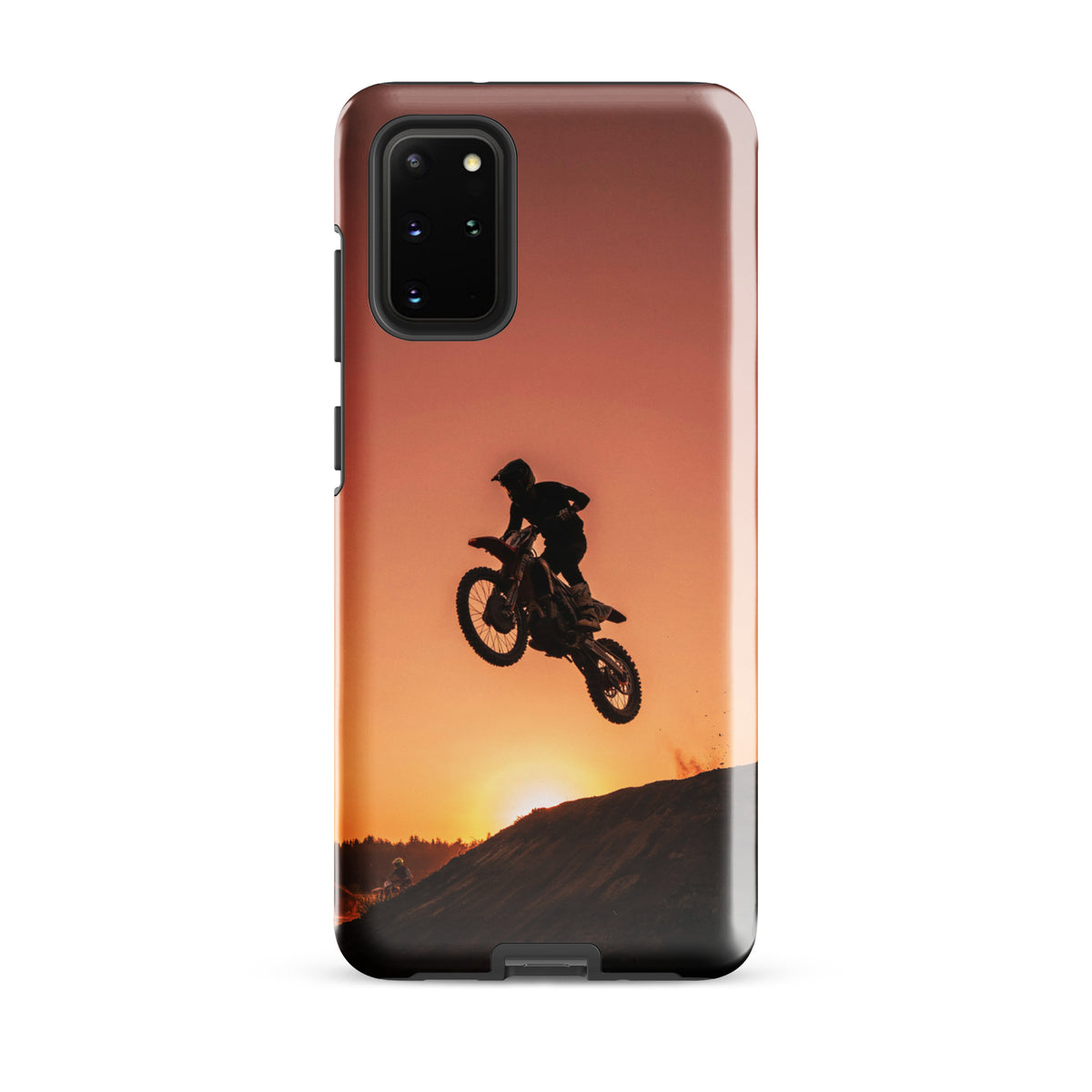 Phone Case for Samsung Galaxy with motocross sunset dirt bike design, featuring a silhouette jump against a glowing sunset sky.