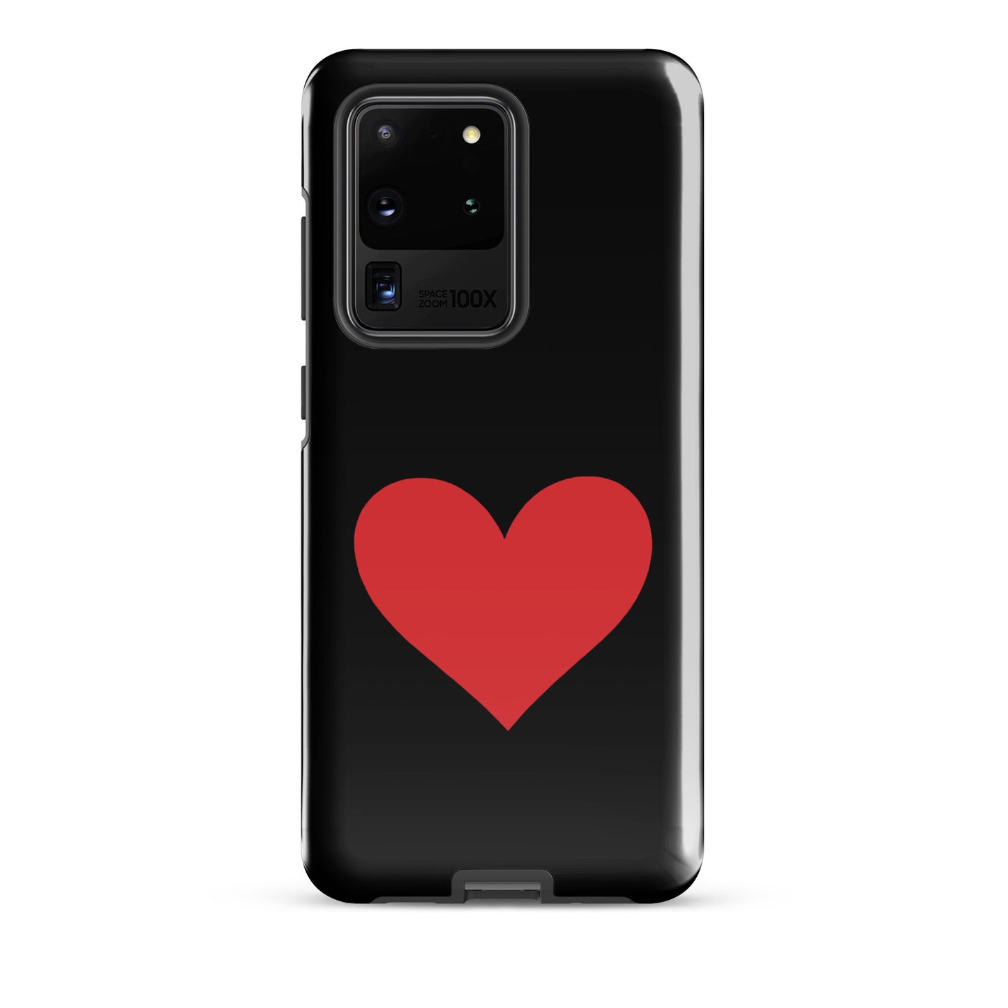 Phone Case for Samsung Galaxy with a bold red heart design on a black background.