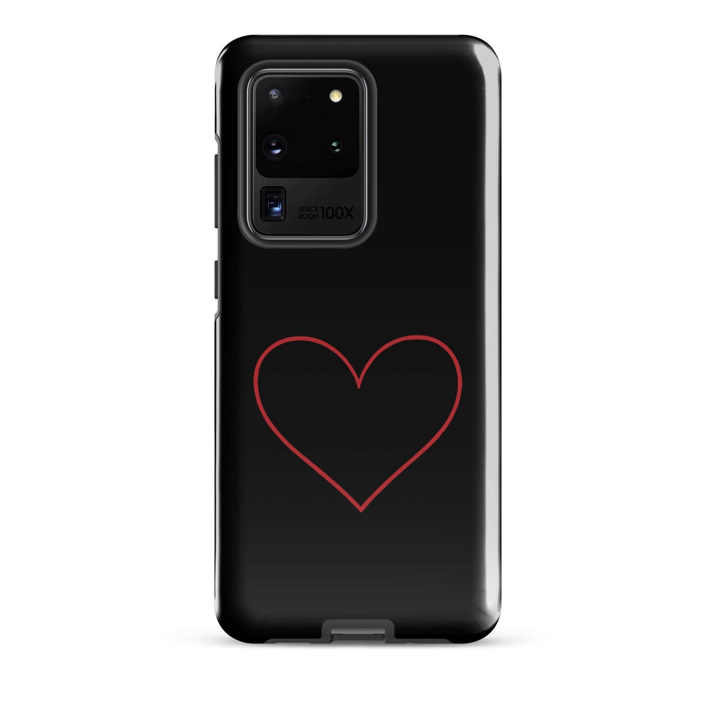Phone Case for Samsung Galaxy featuring a minimalist crimson heart design on a sleek black background.