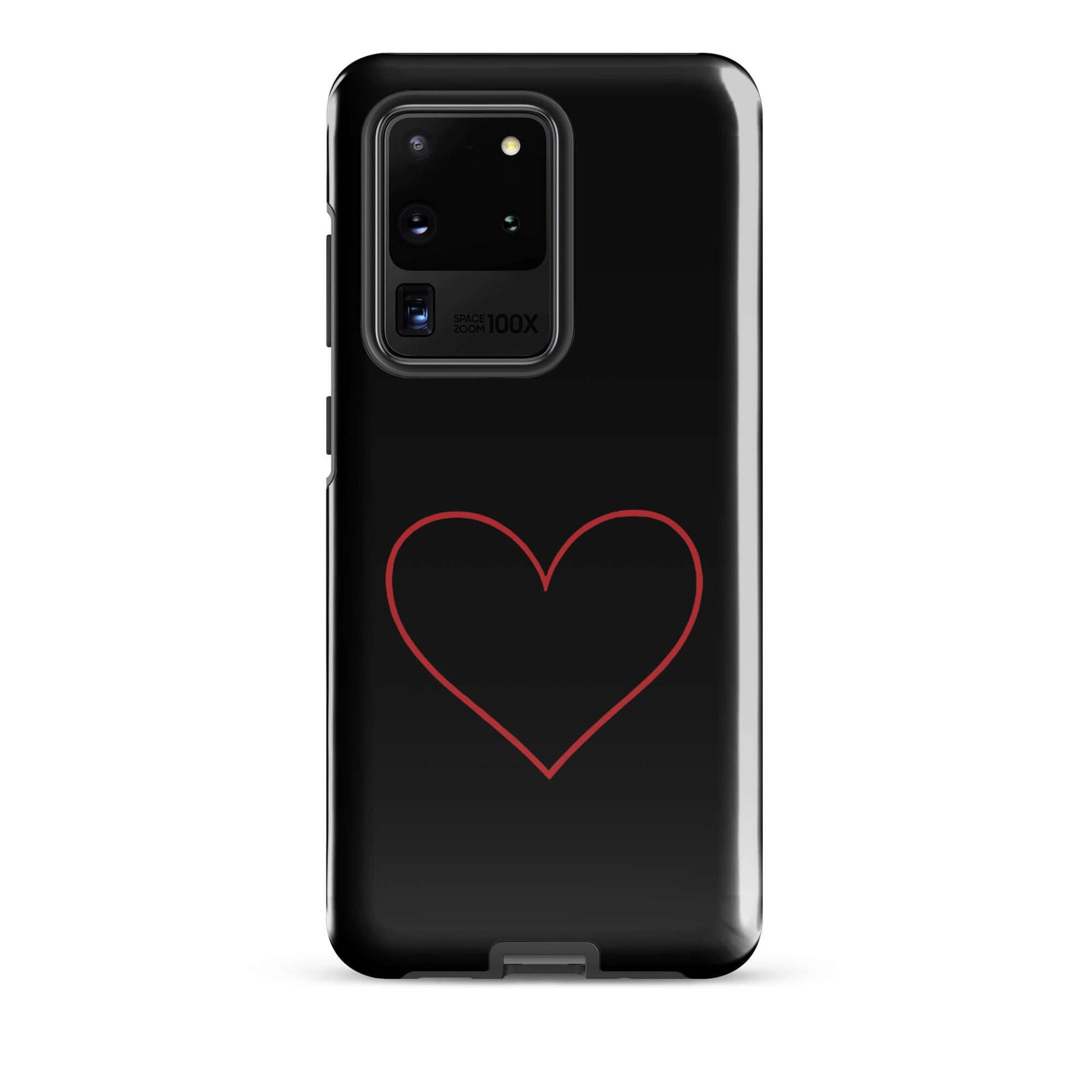 Phone Case for Samsung Galaxy featuring a minimalist crimson heart design on a sleek black background.