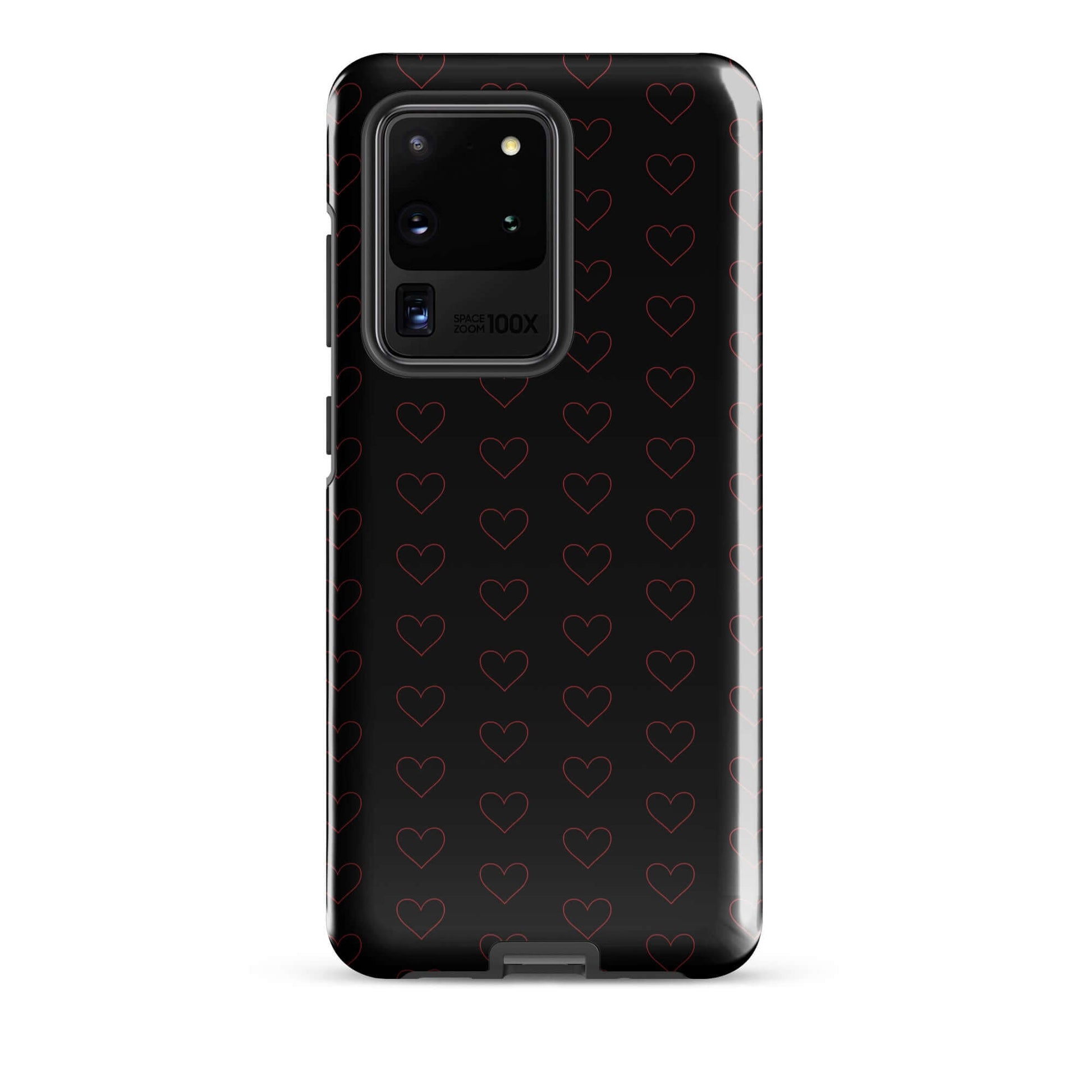 Phone Case for Samsung Galaxy featuring an elegant crimson heart pattern on a sleek black background.