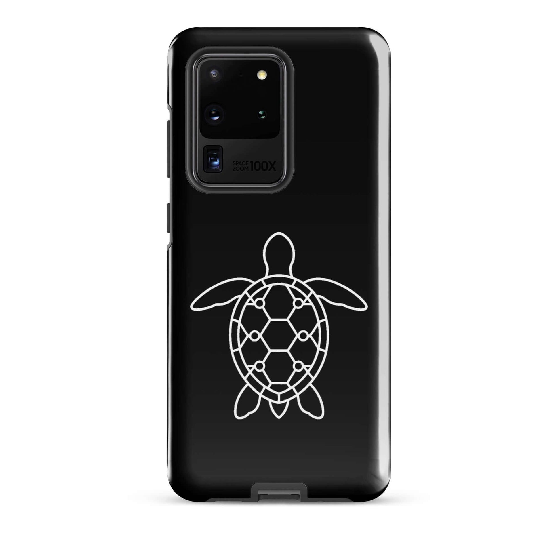 Phone case featuring a minimalist sea turtle silhouette design on a sleek black background.