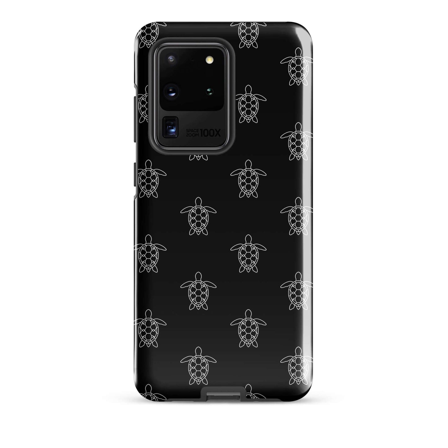 Phone Case for Samsung Galaxy with minimalist sea turtle pattern on a black background.