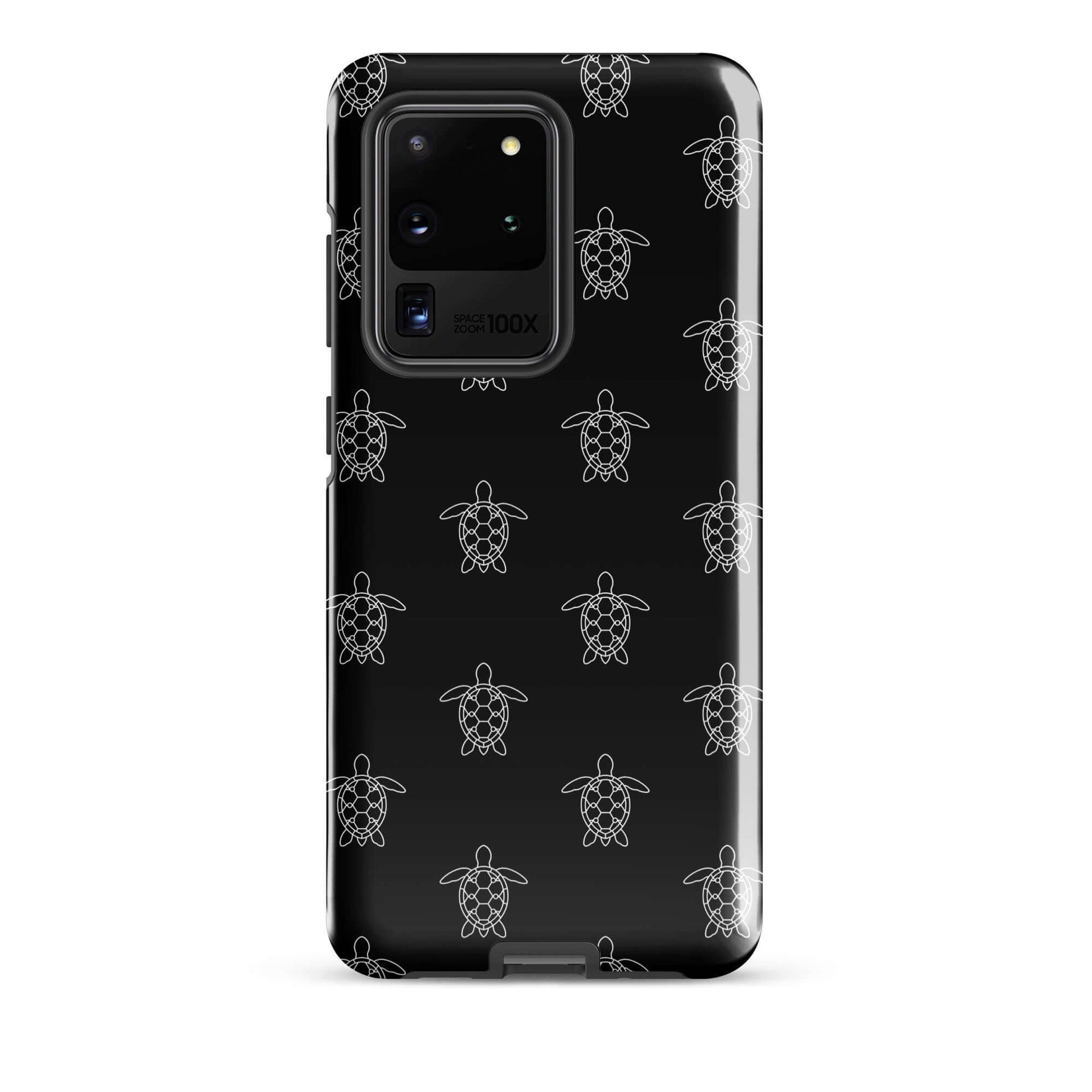 Phone Case for Samsung Galaxy with minimalist sea turtle pattern on a black background.
