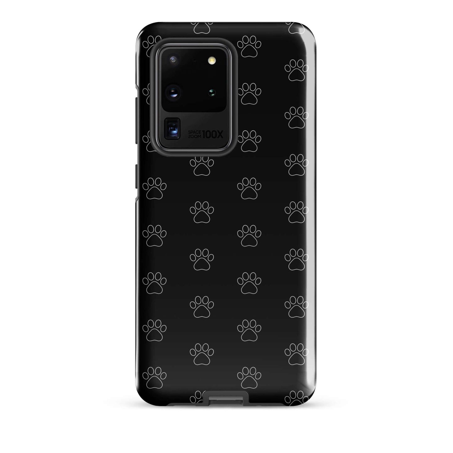 Phone Case featuring a paw print pattern in black, designed for Samsung Galaxy users and pet lovers.
