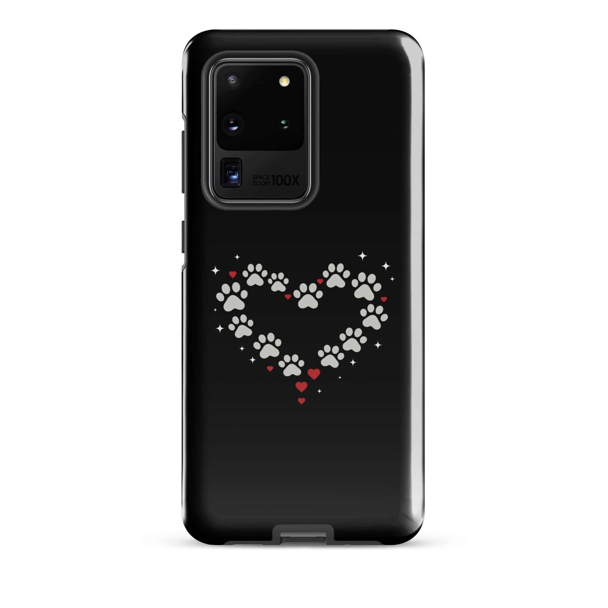 Phone Case for Samsung Galaxy featuring a paw-print heart design on a sleek black background.