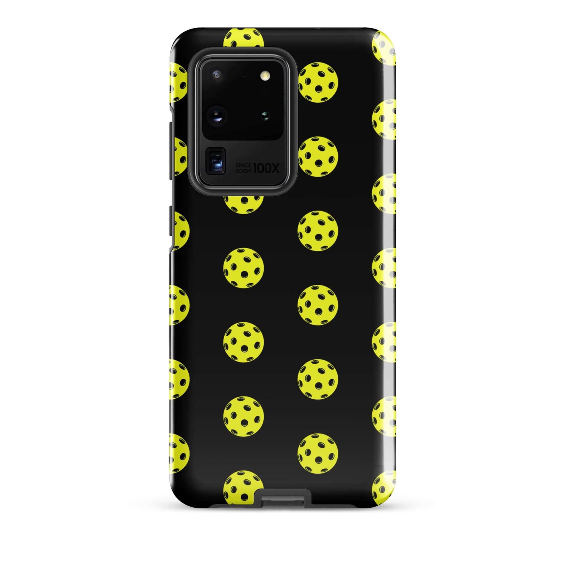 Phone Case for Samsung Galaxy with pickleball pattern on a sleek black background.