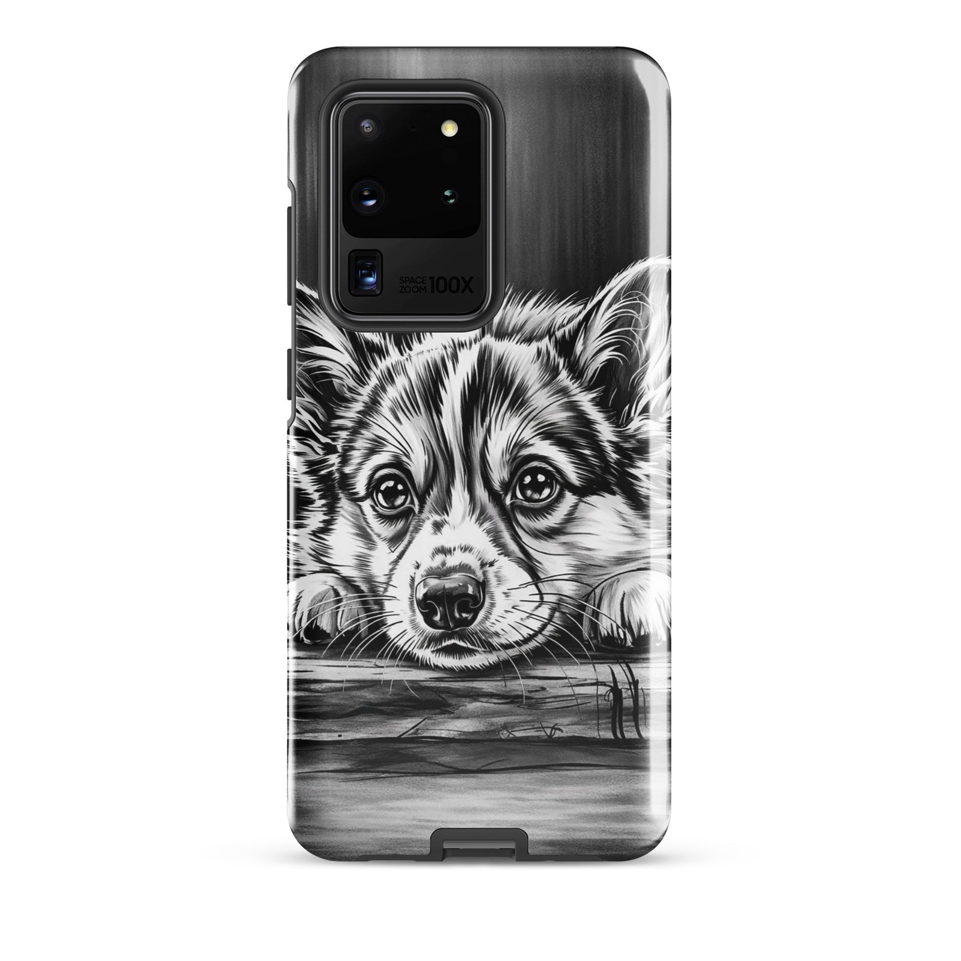 Phone Case for Samsung Galaxy featuring elegant puppy art in black-and-white illustration on aged wood design.