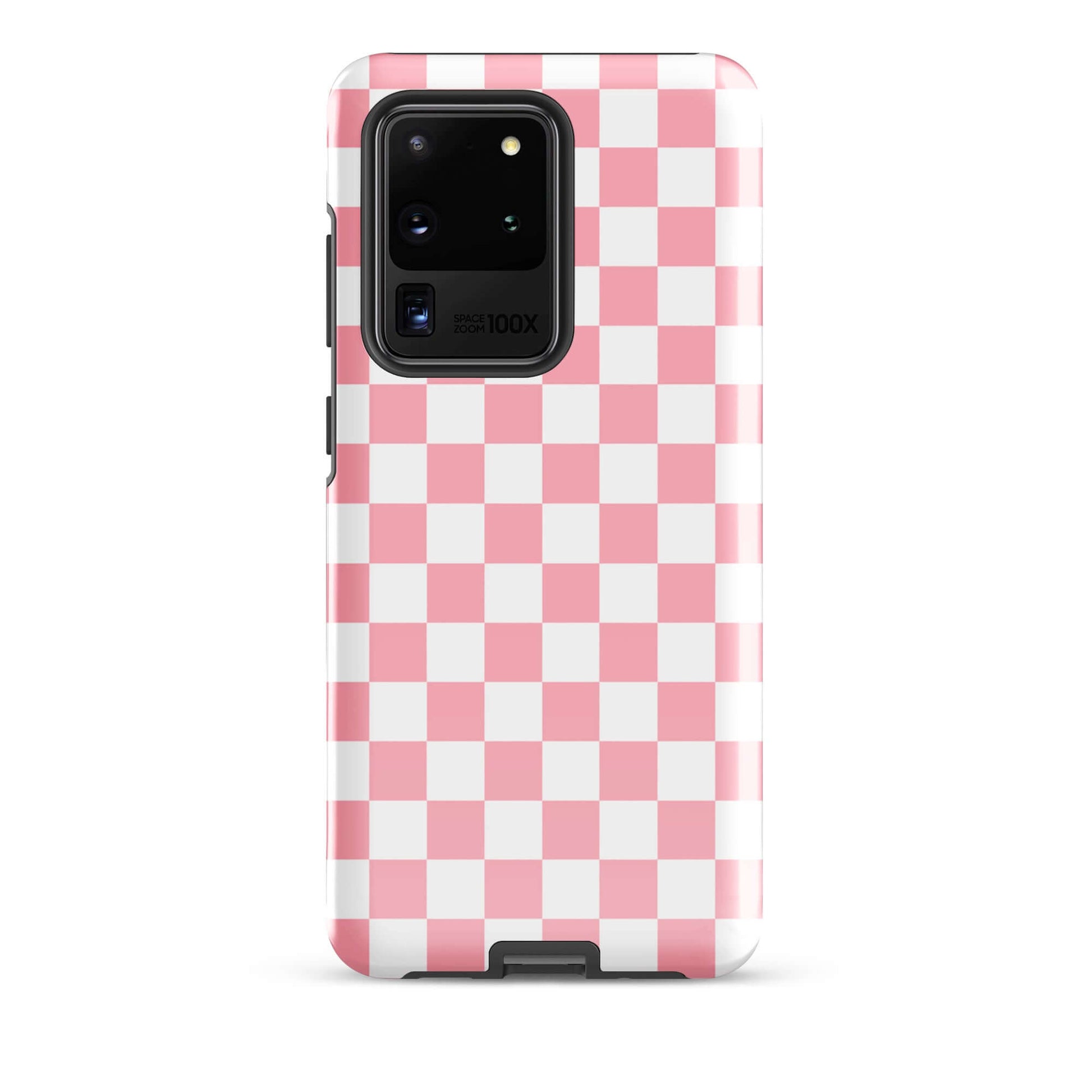 Phone Case featuring pink and white checkered pattern for Samsung Galaxy, stylish and playful accessory.