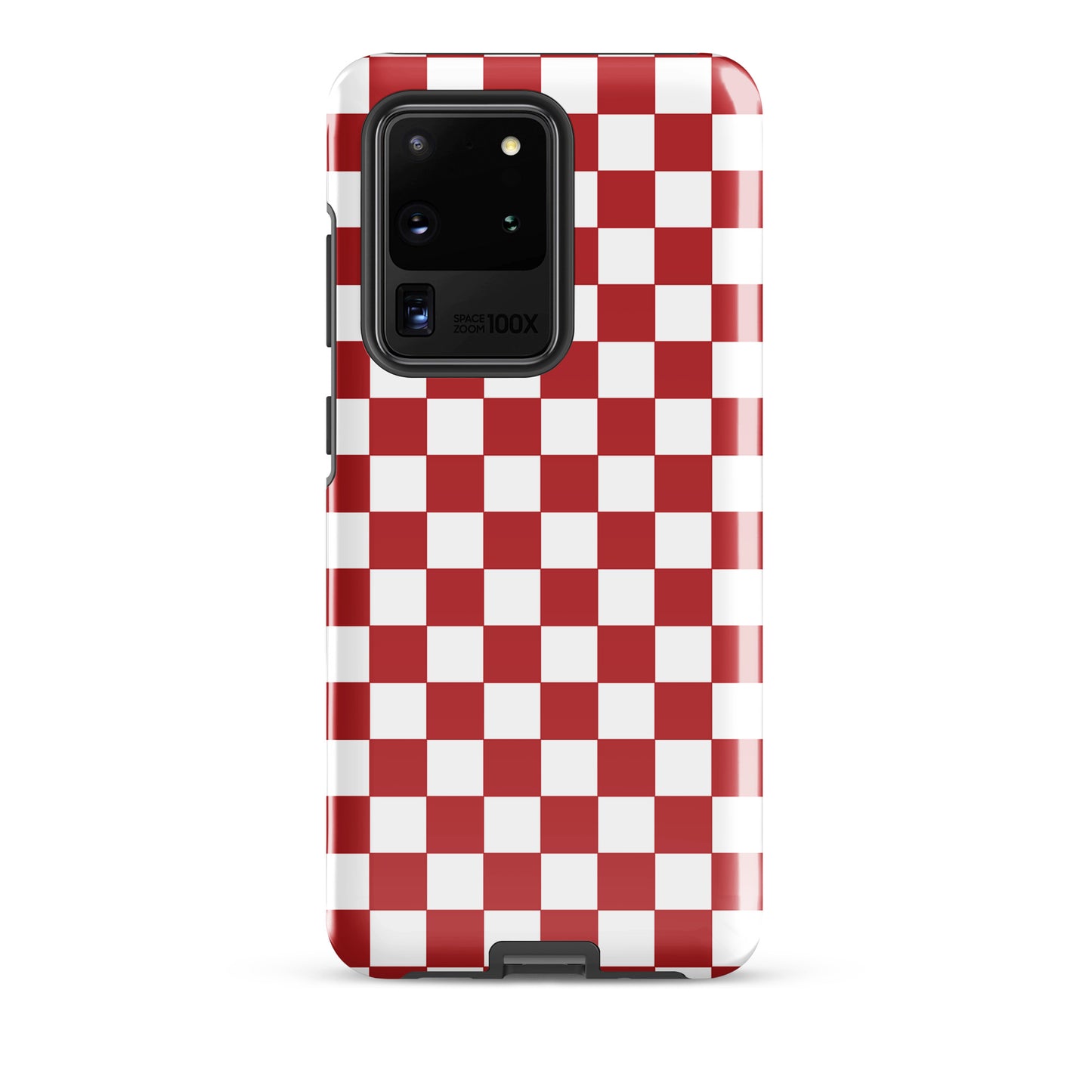 Phone Case for Samsung Galaxy with crimson red checkered design, bold and playful style accessory for everyday use.