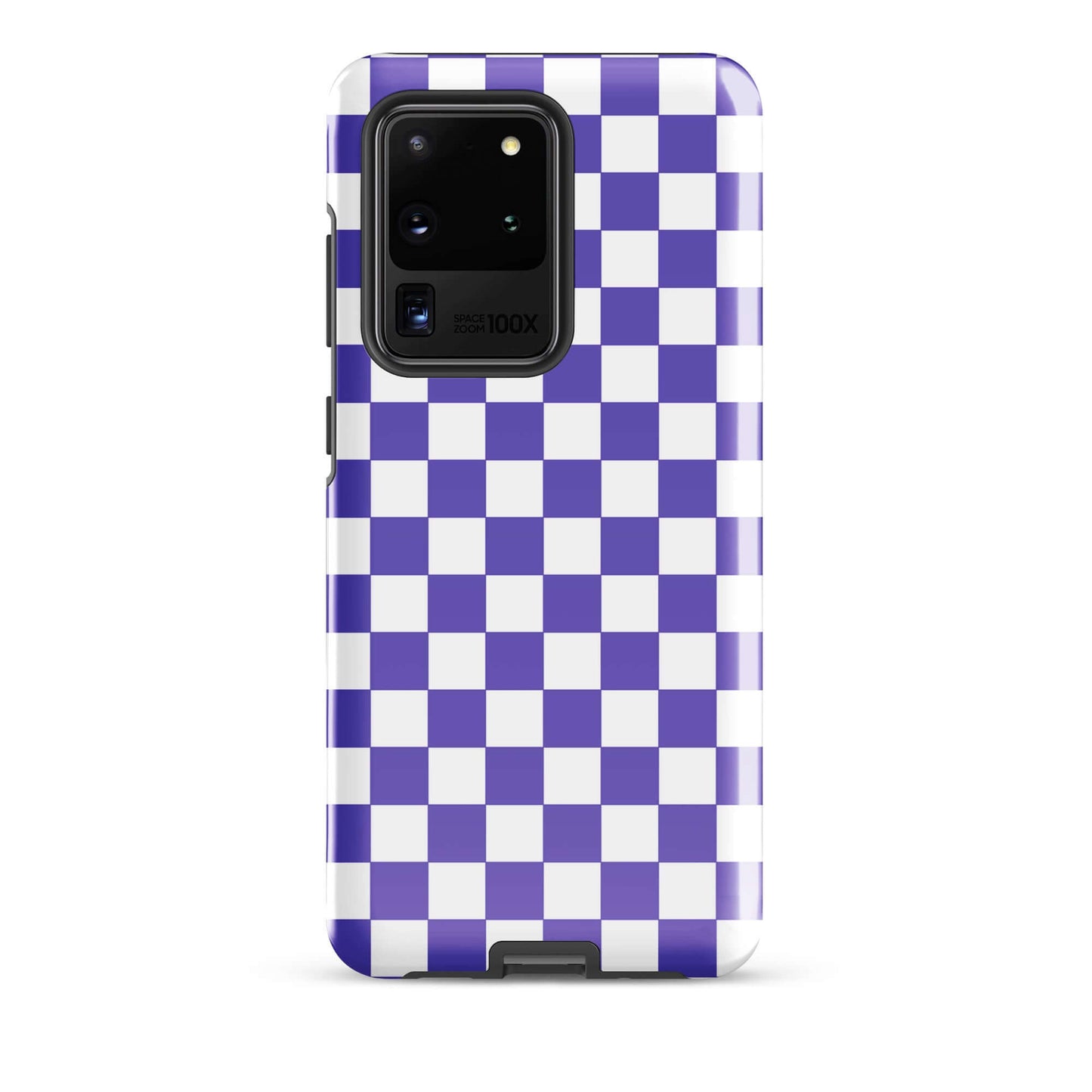 Phone Case for Samsung Galaxy with purple and white checkered design, stylish and playful accessory for enhancing phone appearance.