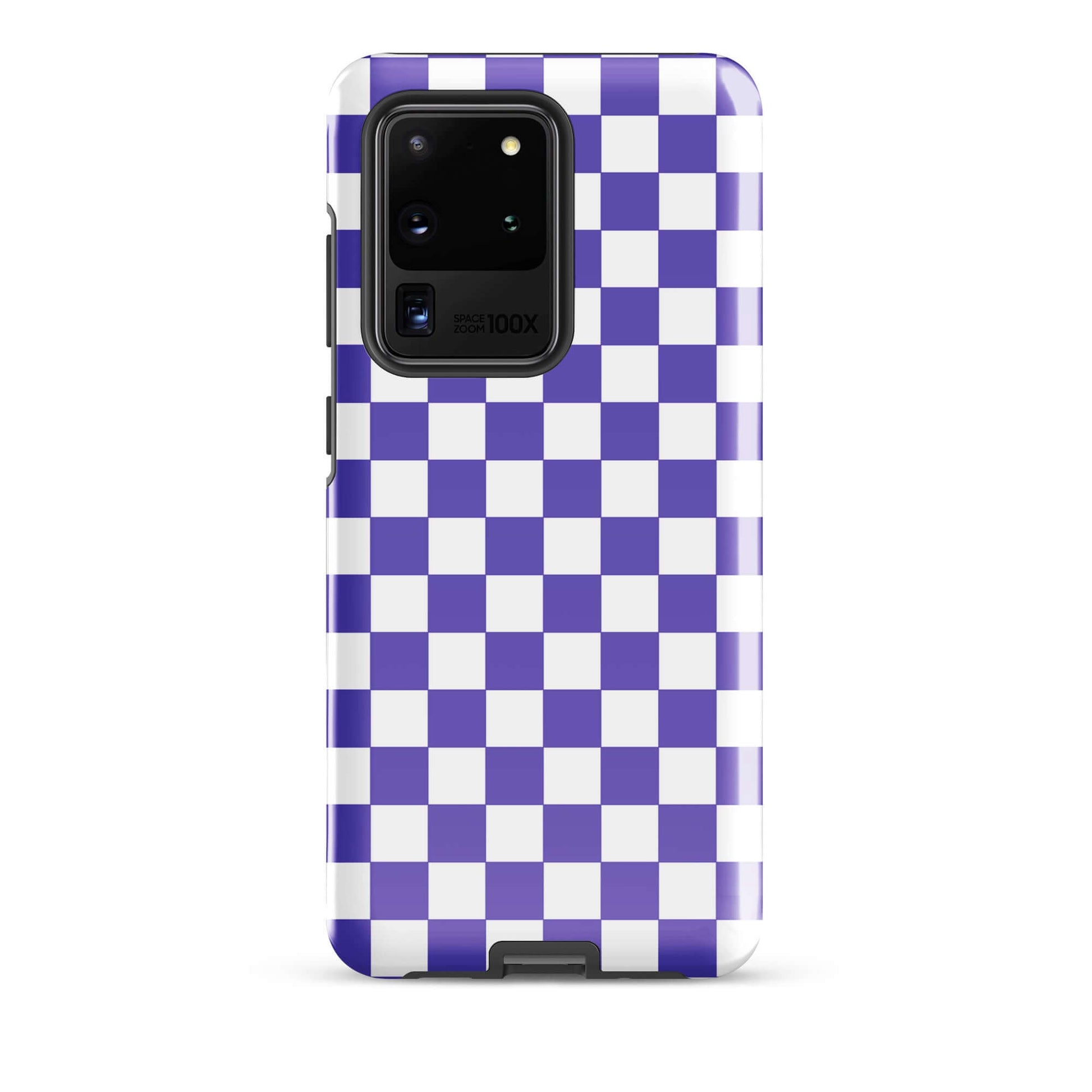 Phone Case for Samsung Galaxy with purple and white checkered design, stylish and playful accessory for enhancing phone appearance.