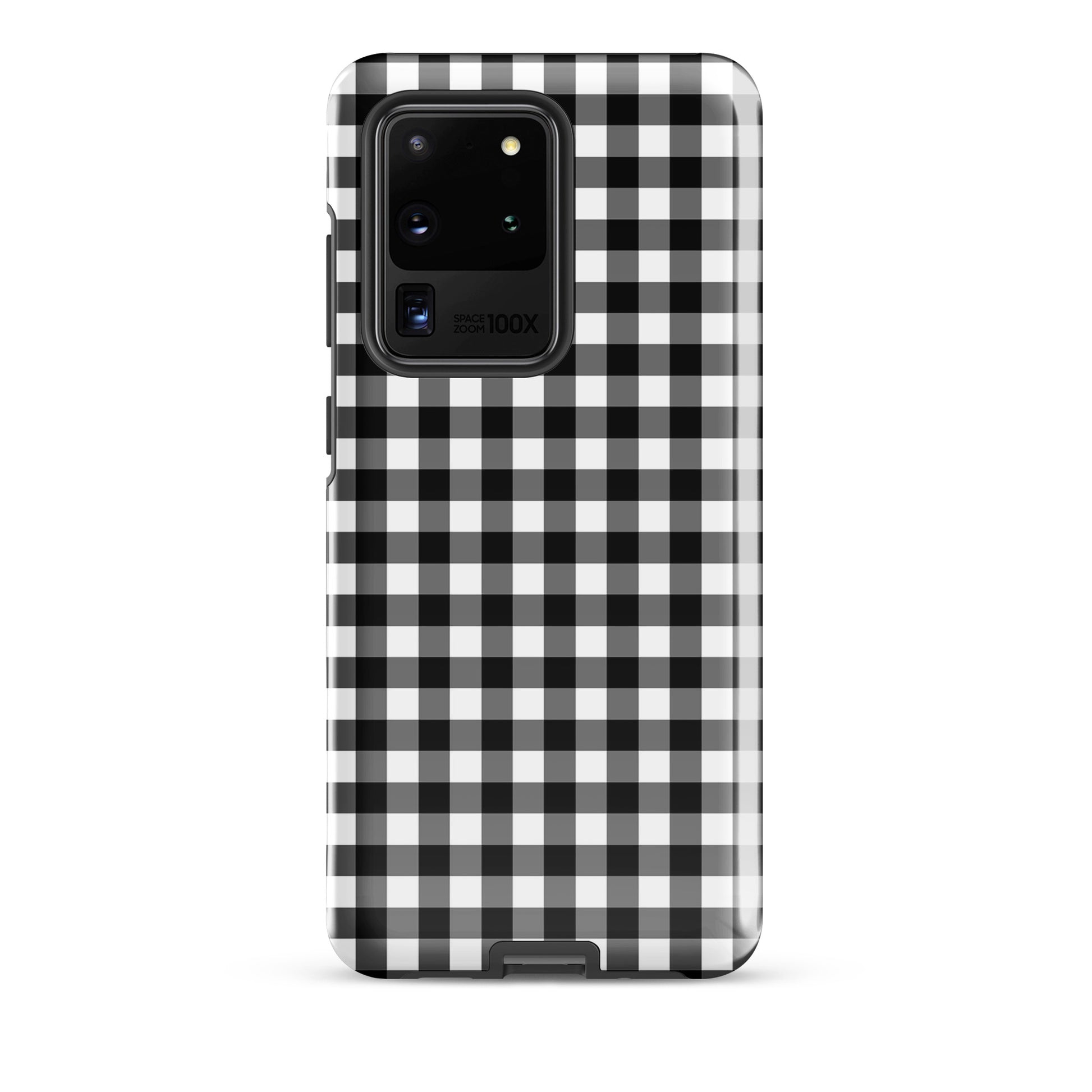 Phone Case with black-and-white gingham pattern for Samsung Galaxy, blending style and protection in a durable, chic accessory.