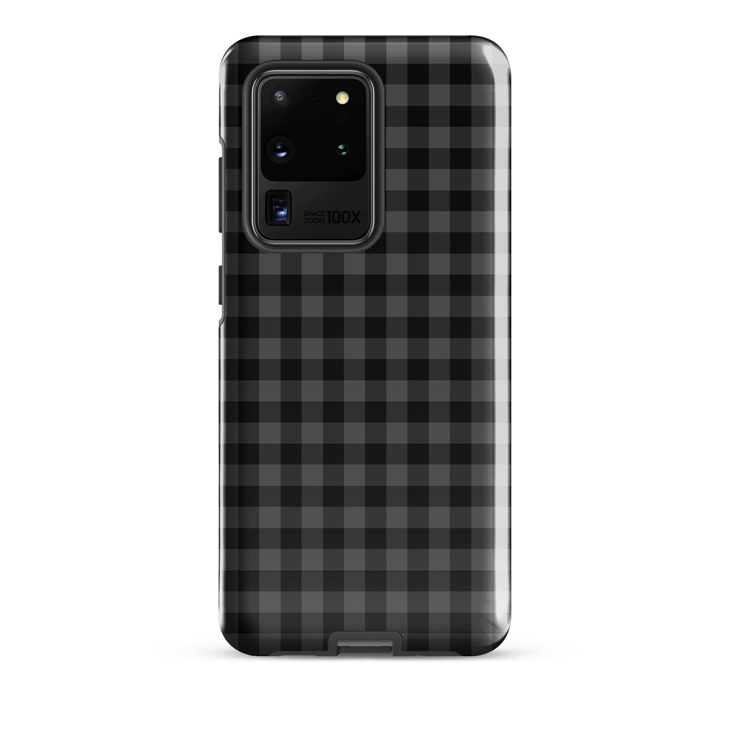 Phone Case with black and charcoal gingham pattern for Samsung Galaxy, combining style and protection in a chic design.