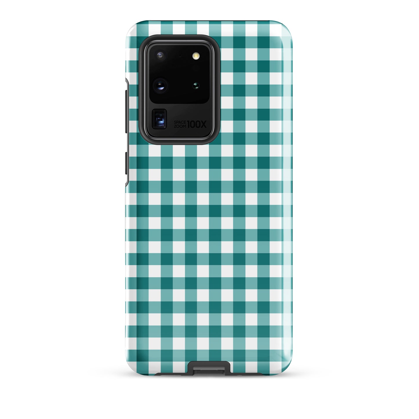 Phone Case for Samsung Galaxy with teal and white gingham pattern, stylish and protective design.
