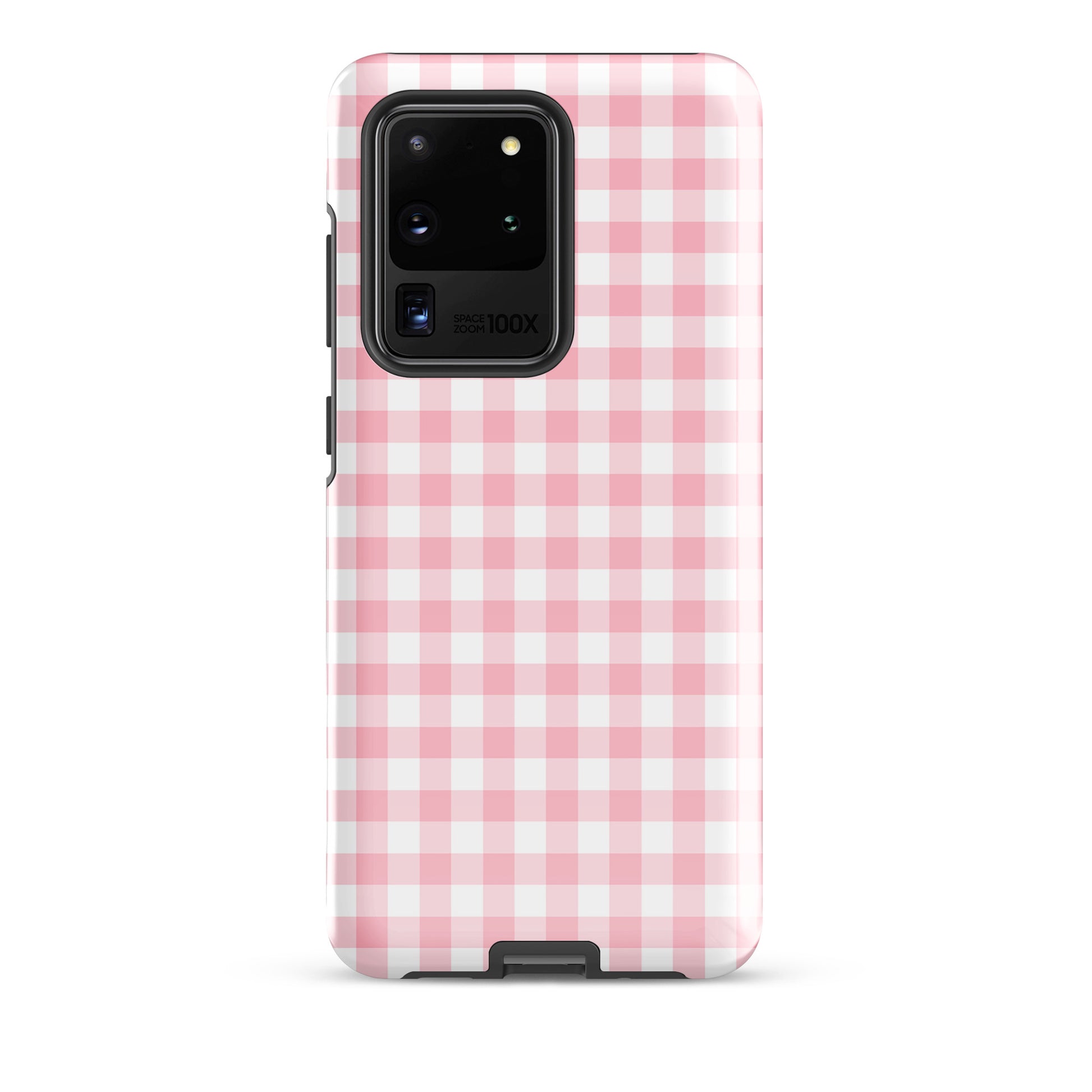 Phone Case for Samsung Galaxy with pink-and-white gingham pattern, combining style and protection.